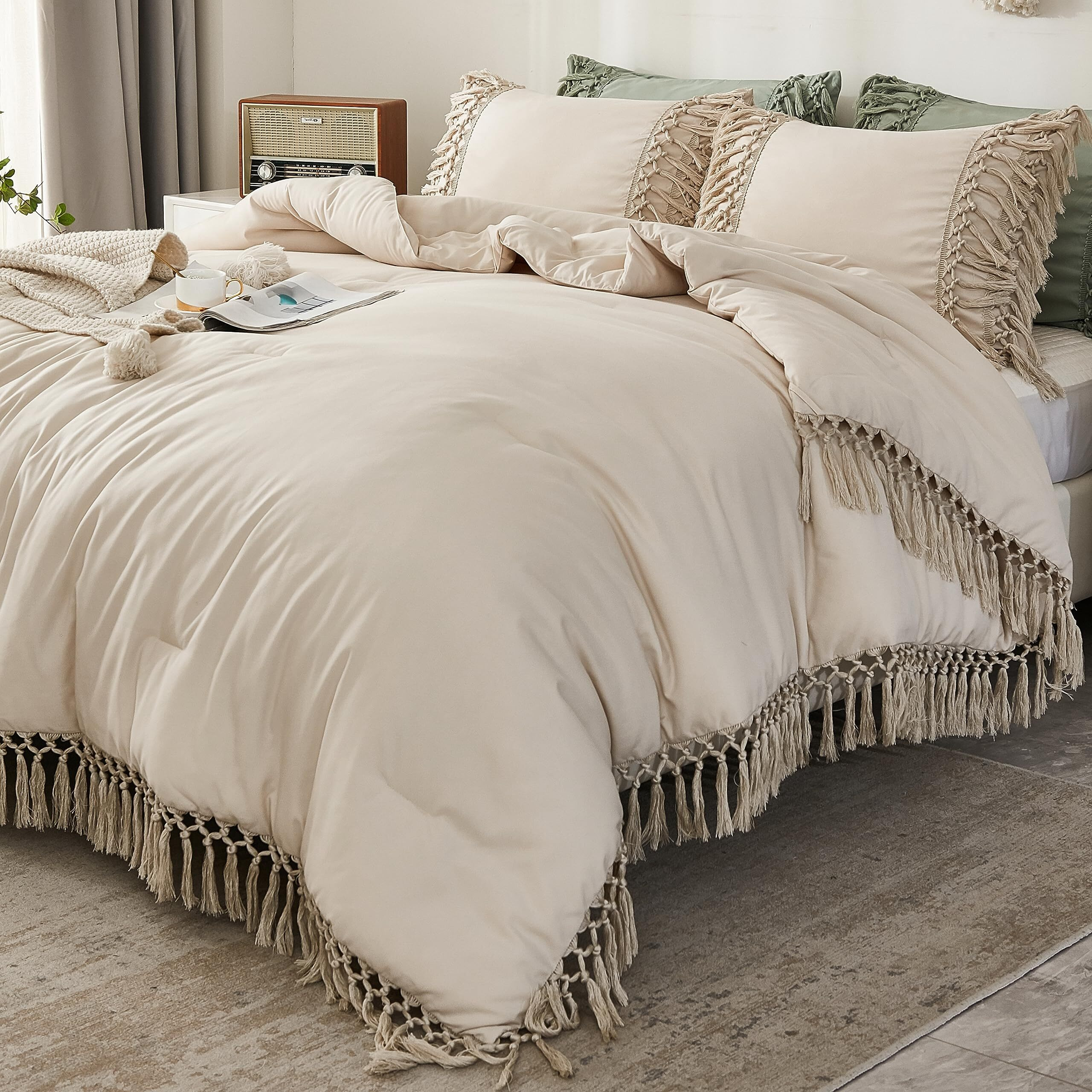 Andency King Size Comforter Set Beige, 3 Pieces Boho Tassel Lightweight Soft Bedding Comforter Sets For King Bed, All Season Fluffy Bed Set (104X90In Comforter & 2 Pillowcases)