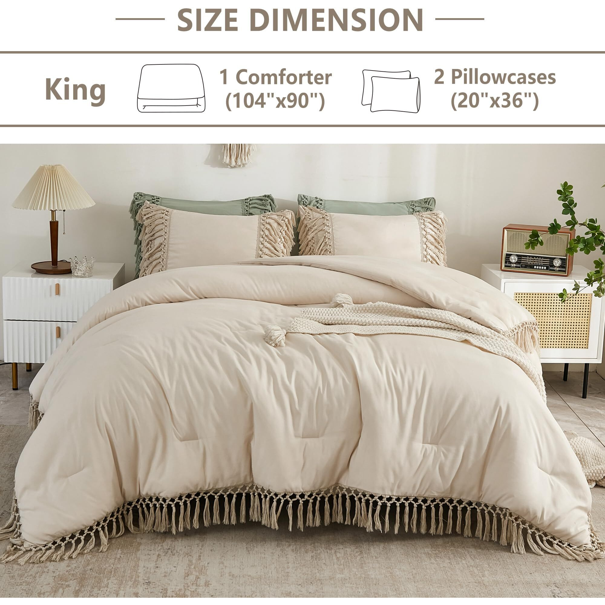Andency King Size Comforter Set Beige, 3 Pieces Boho Tassel Lightweight Soft Bedding Comforter Sets For King Bed, All Season Fluffy Bed Set (104X90In Comforter & 2 Pillowcases)