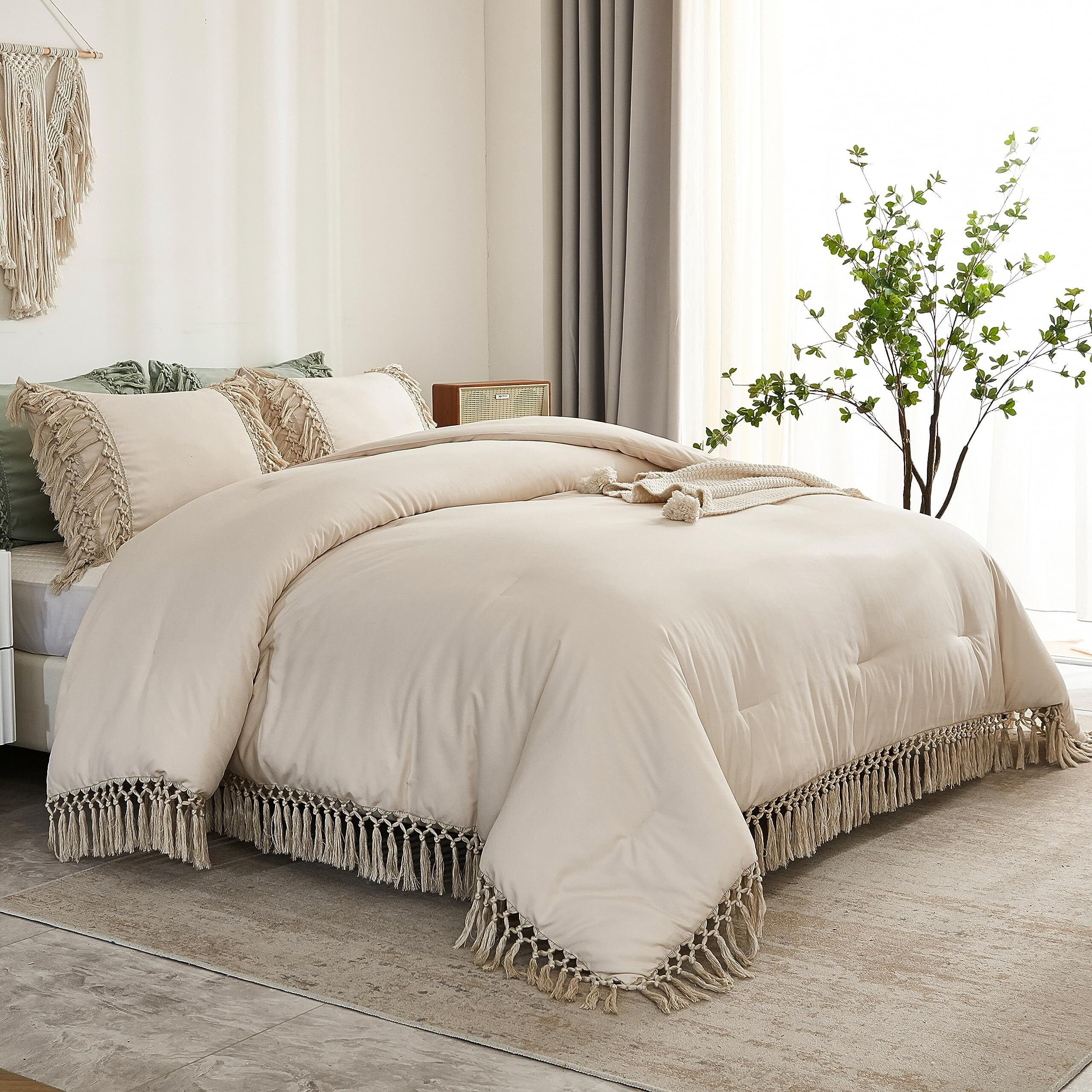 Andency King Size Comforter Set Beige, 3 Pieces Boho Tassel Lightweight Soft Bedding Comforter Sets For King Bed, All Season Fluffy Bed Set (104X90In Comforter & 2 Pillowcases)