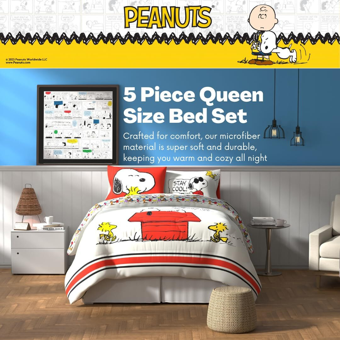 Franco Peanuts & Snoopy Classic Pals Super Soft Comforter And Sheet Set, 5 Piece Queen Size, (Official Licensed Product) Collectibles
