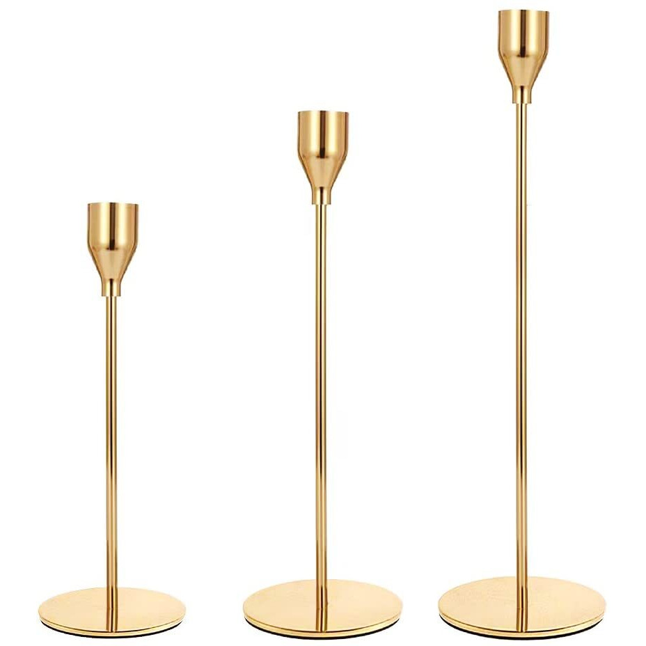 Nlbtw Gold Taper Candle Holders Set Of 3 Candlestick Holders, Metal Candle Stick Holder Decor For Wedding, Dinning, Party Or Anniversary, Fits 3/4 Inch Thick Candle