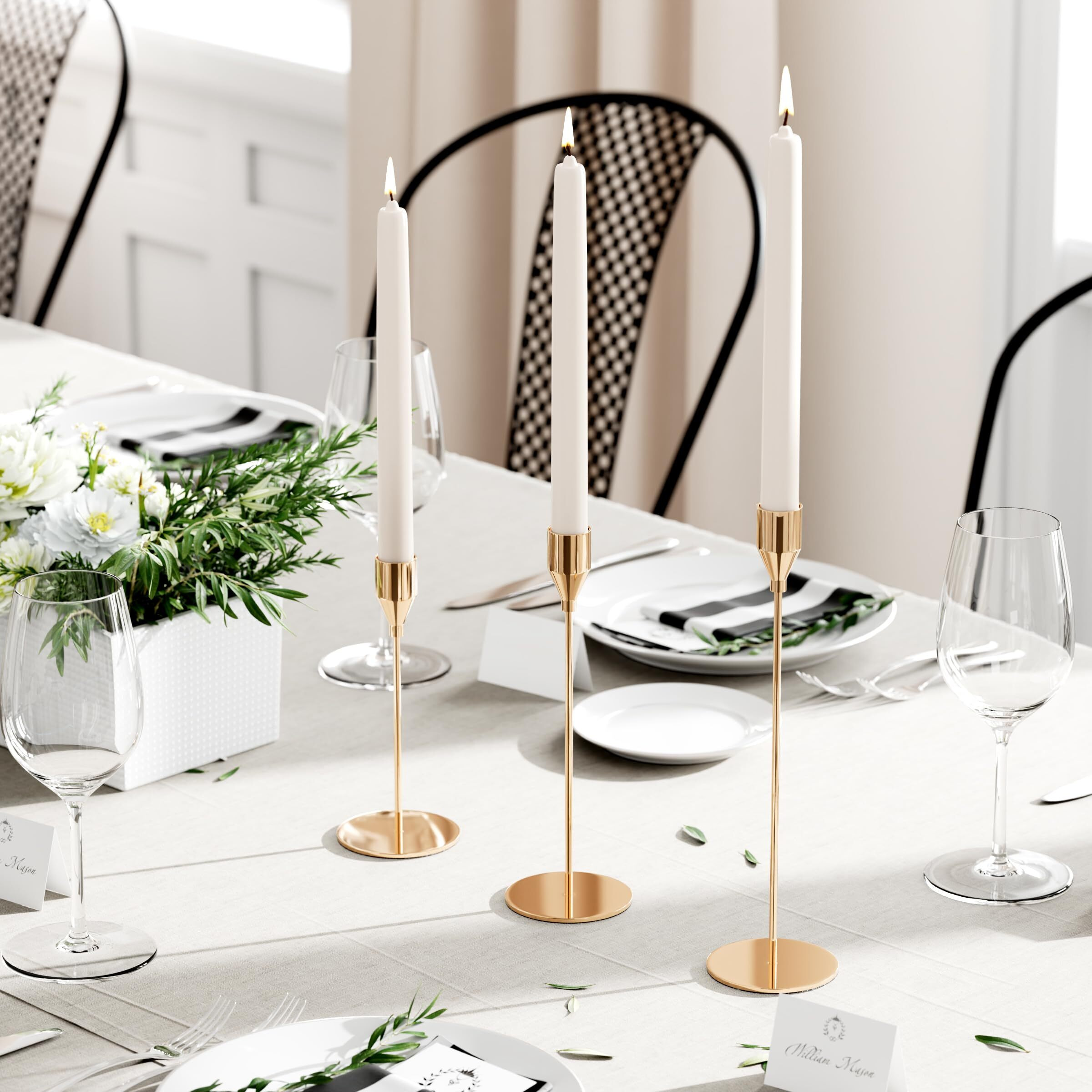 Nlbtw Gold Taper Candle Holders Set Of 3 Candlestick Holders, Metal Candle Stick Holder Decor For Wedding, Dinning, Party Or Anniversary, Fits 3/4 Inch Thick Candle
