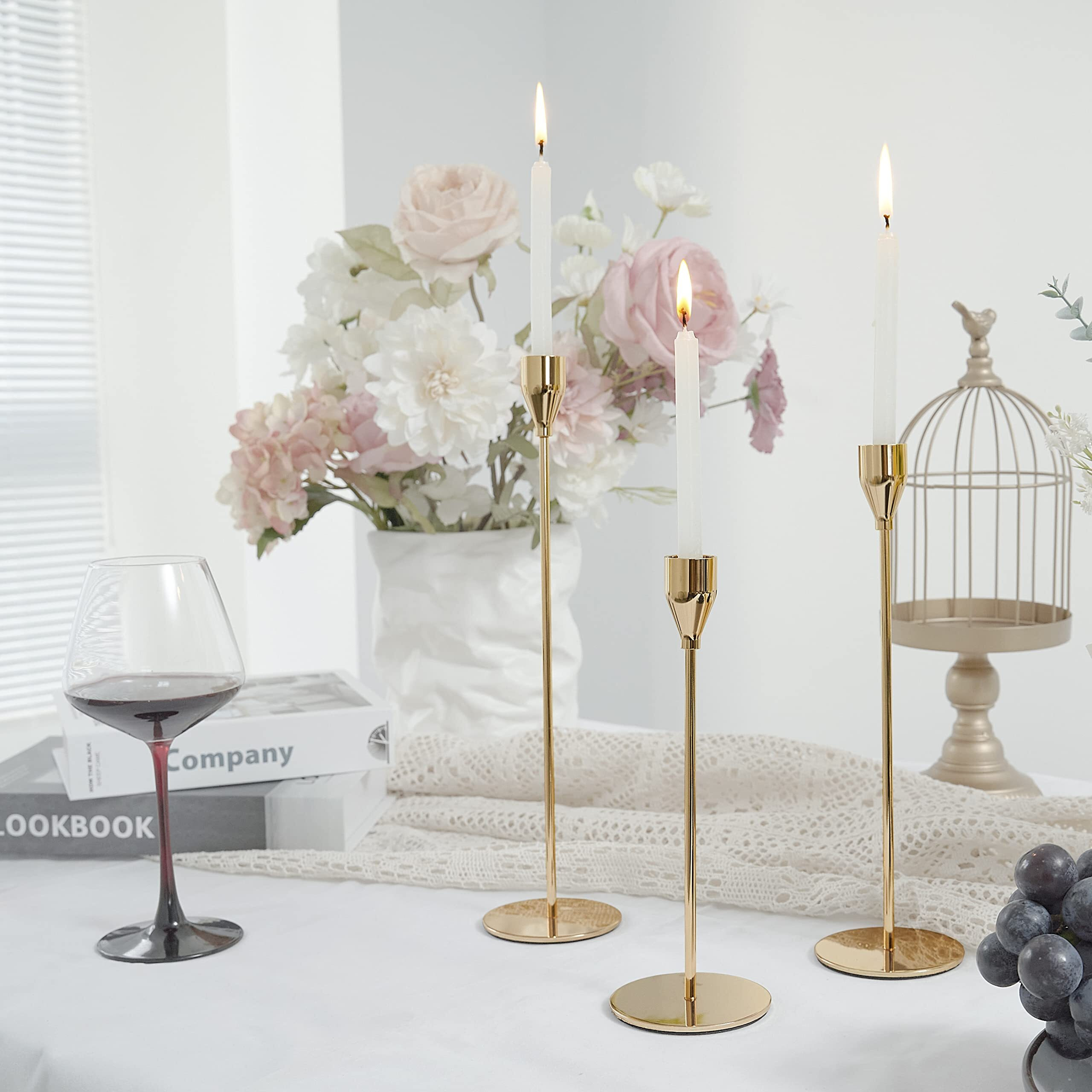 Nlbtw Gold Taper Candle Holders Set Of 3 Candlestick Holders, Metal Candle Stick Holder Decor For Wedding, Dinning, Party Or Anniversary, Fits 3/4 Inch Thick Candle