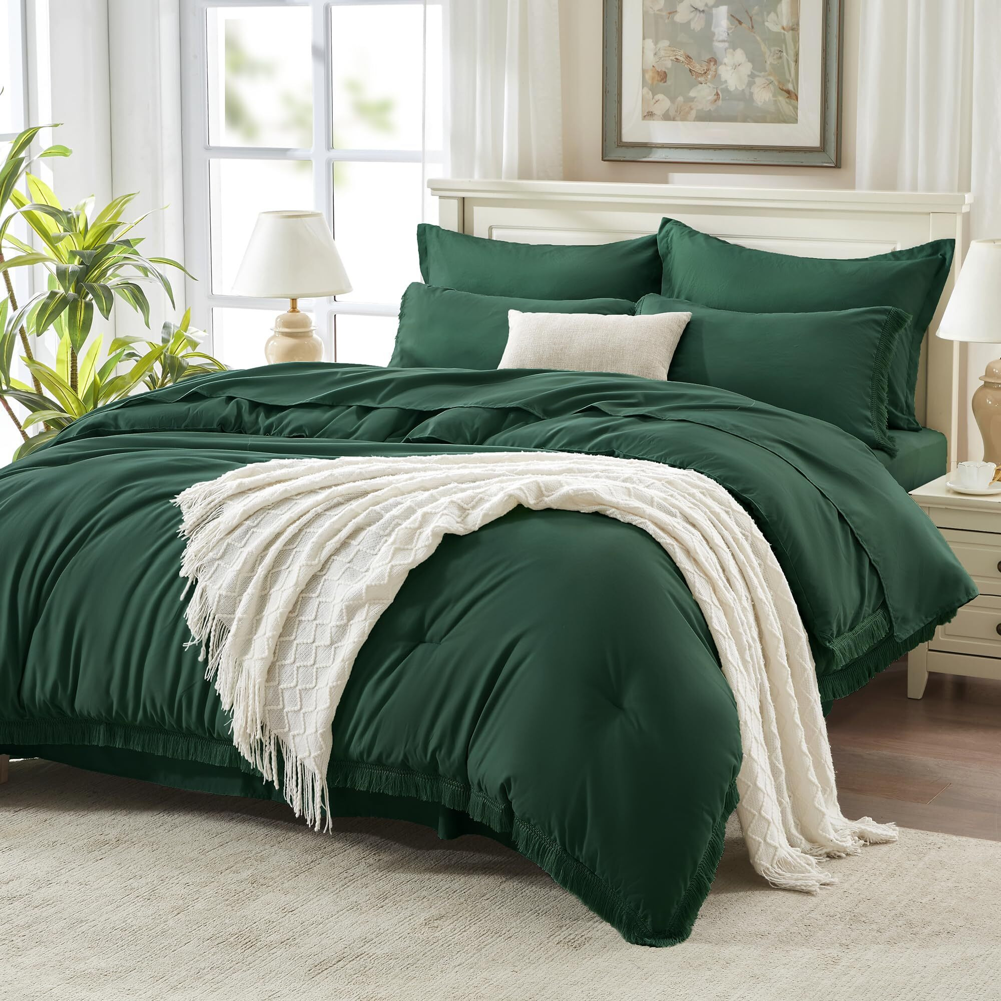 Andency California King Size Comforter Set With Sheets Emerald Green - 7 Pieces Cal King Bed In A Bag Boho Bedding Sets, Dark Green Fringe Bed Set With Comforter, Sheets, Pillowcases & Shams