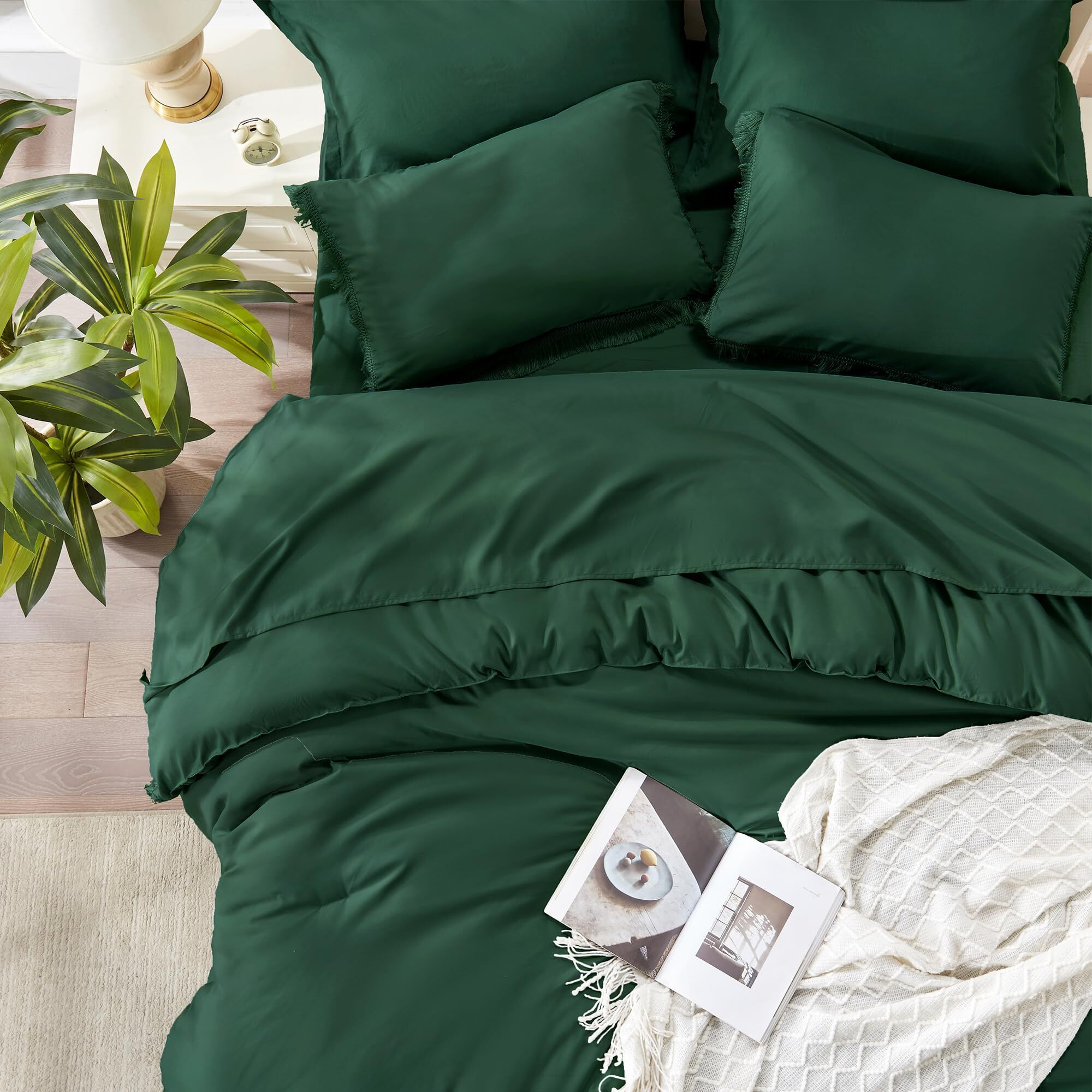 Andency California King Size Comforter Set With Sheets Emerald Green - 7 Pieces Cal King Bed In A Bag Boho Bedding Sets, Dark Green Fringe Bed Set With Comforter, Sheets, Pillowcases & Shams