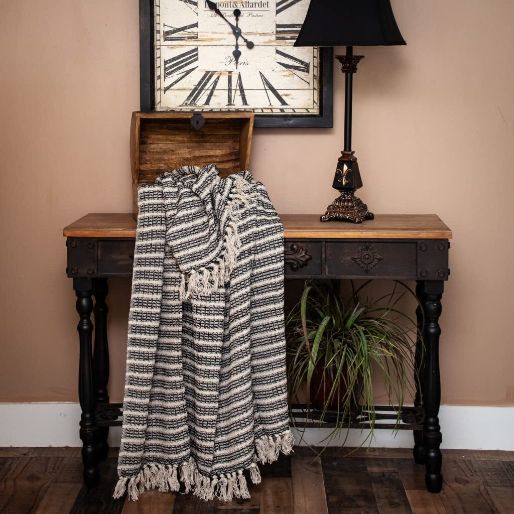 Homeroots Cotton Black And Beige Striped Woven Handloom Throw Blanket
