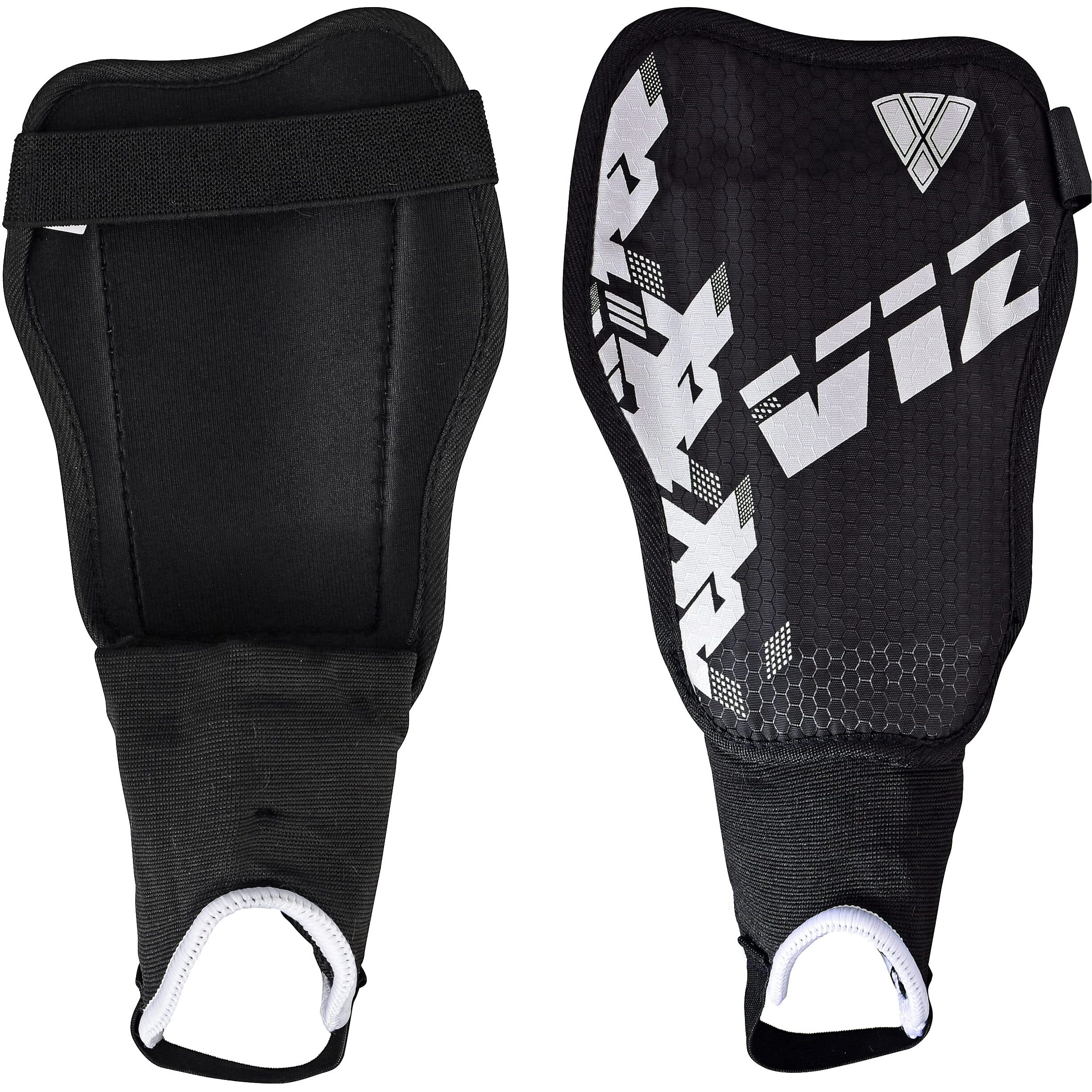 Vizari Napoli Soccer Shin Guards For Kids & Adults | Soccer Gear For Boys Girls | Provide Shin Protection | Adjustable Straps- Black/Silver- Small
