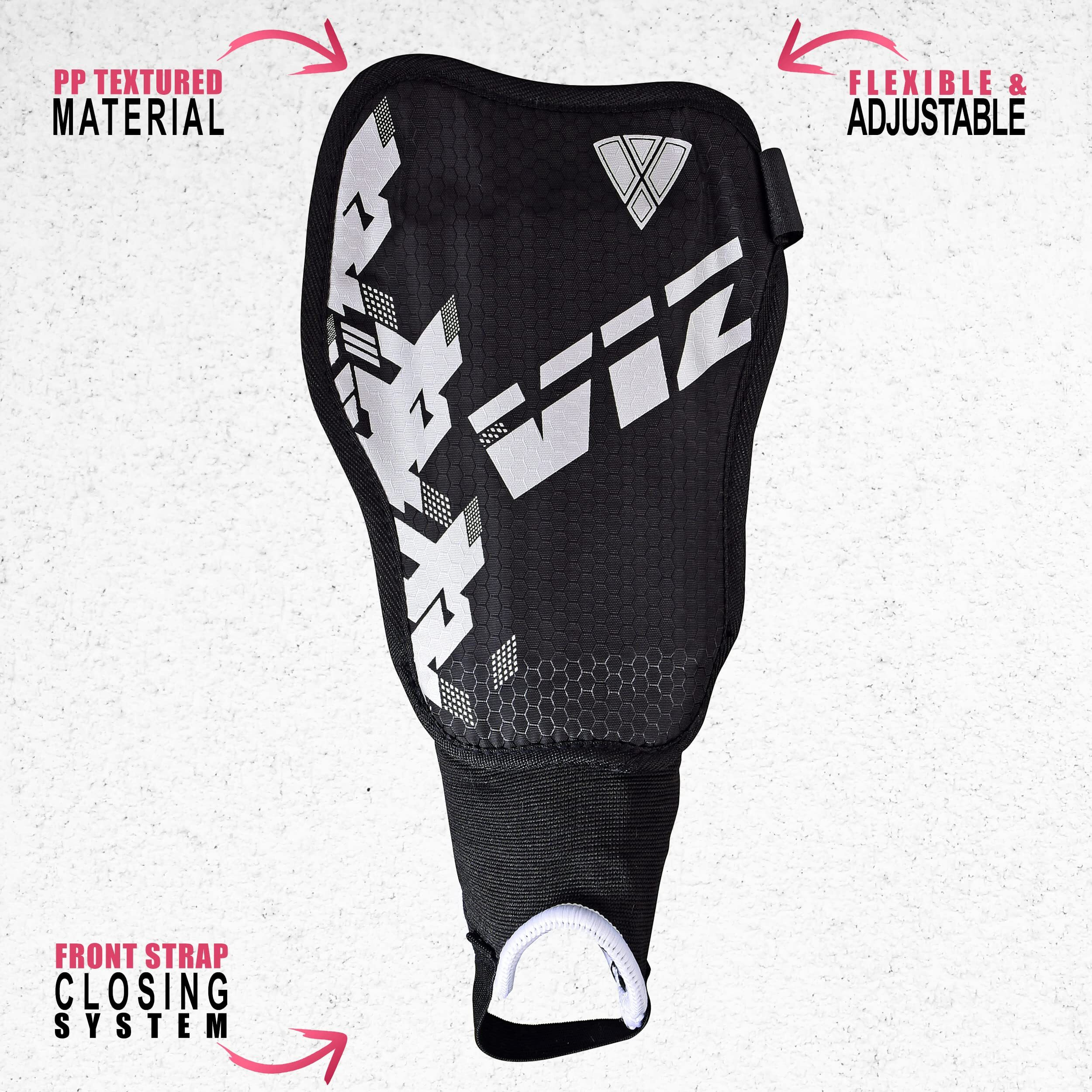 Vizari Napoli Soccer Shin Guards For Kids & Adults | Soccer Gear For Boys Girls | Provide Shin Protection | Adjustable Straps- Black/Silver- Small