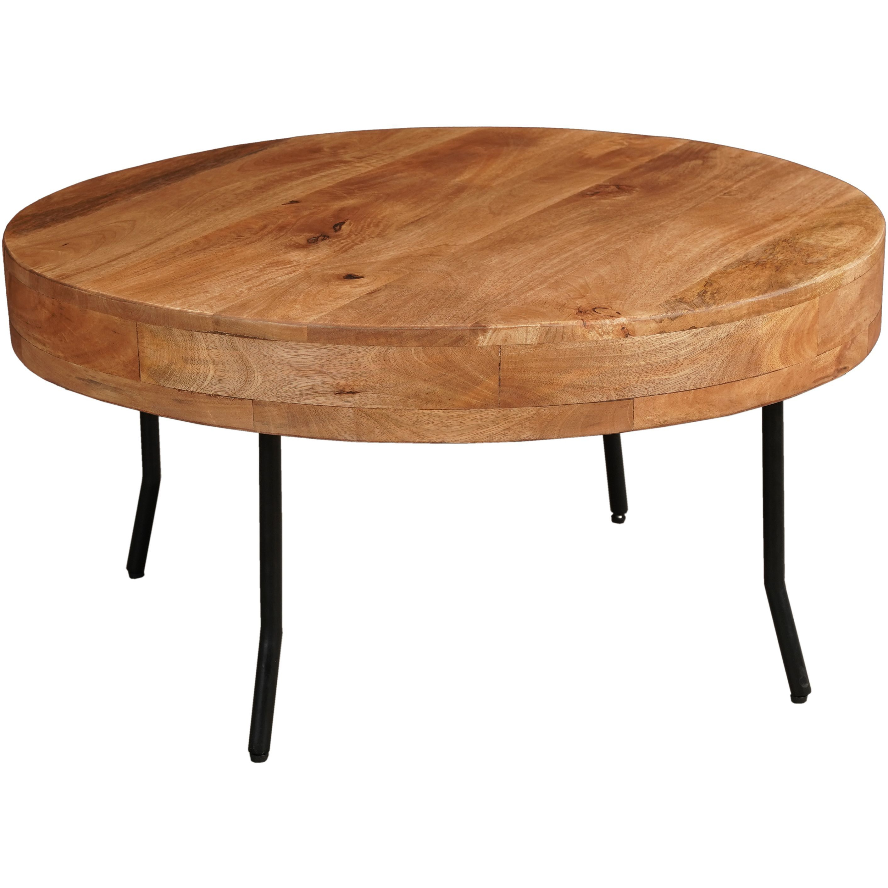 32 Inch Coffee Table, Handcrafted Mango Wood Round Top, Black Metal Angled Legs