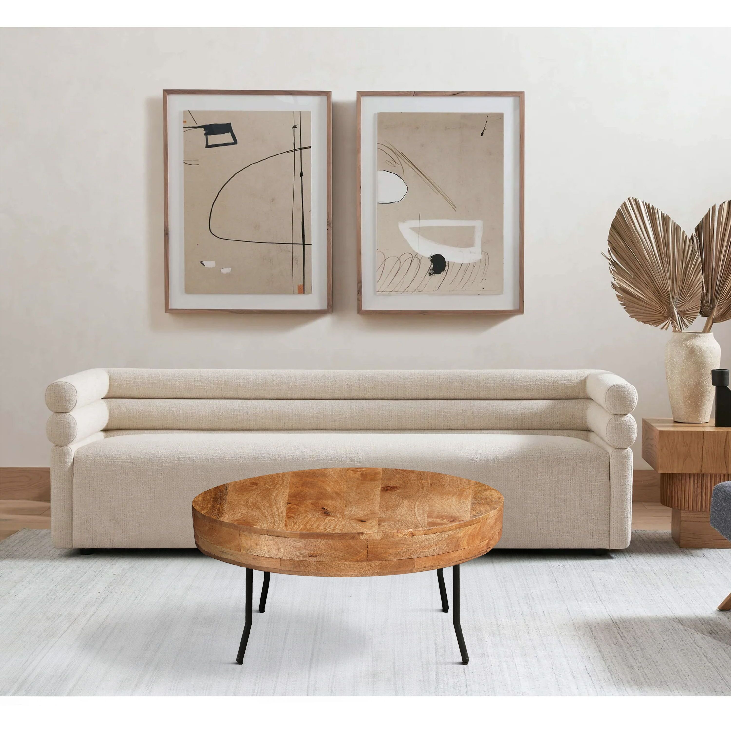 32 Inch Coffee Table, Handcrafted Mango Wood Round Top, Black Metal Angled Legs