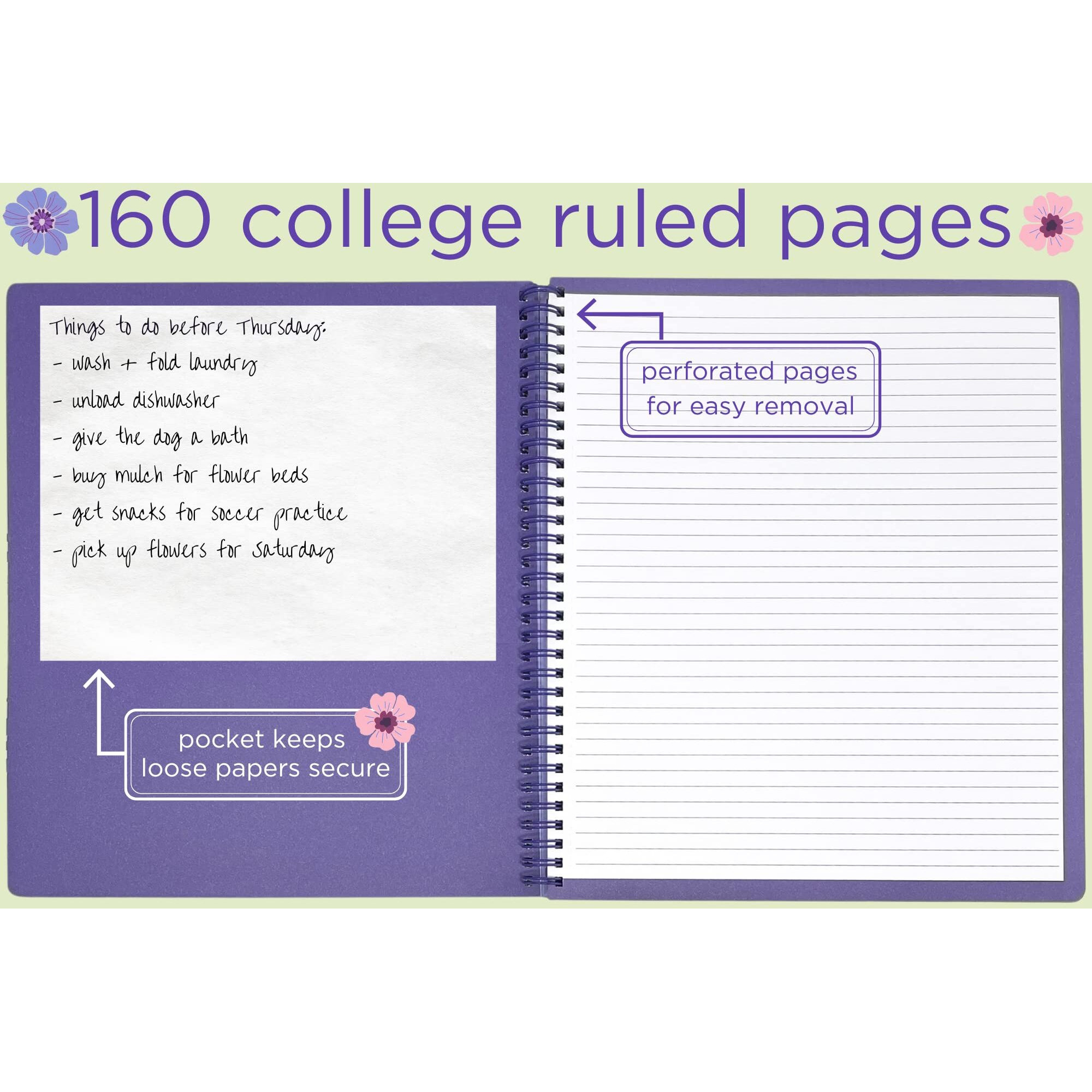 Steel Mill & Co Cute Large Spiral Notebook College Ruled, 11"" X 9.5"" With Durable Hardcover And 160 Lined Pages, Lilac Floral