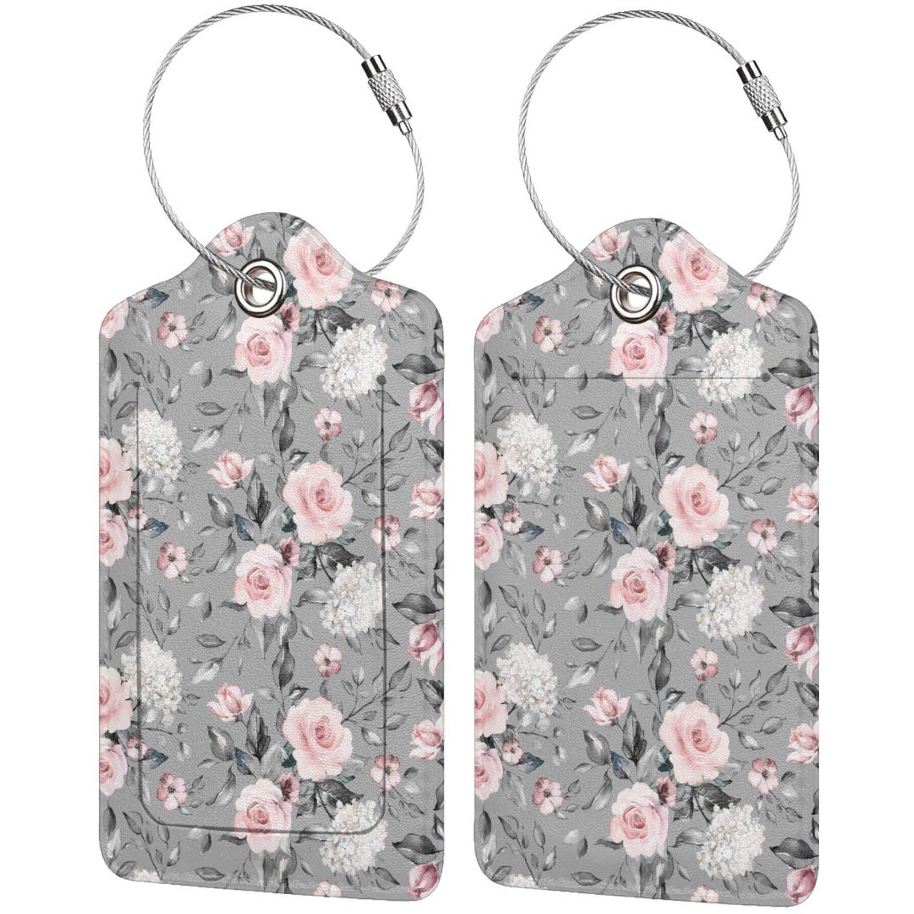 Blocit 2 Pack Pu Luggage Tag For Suitcase Cute Unique Leather Suitcase Tags Identifiers With Privacy Name Id Label And Metal Loop For Baggage Handbag School Bag Backpack (Gray Pink Roses Flower)