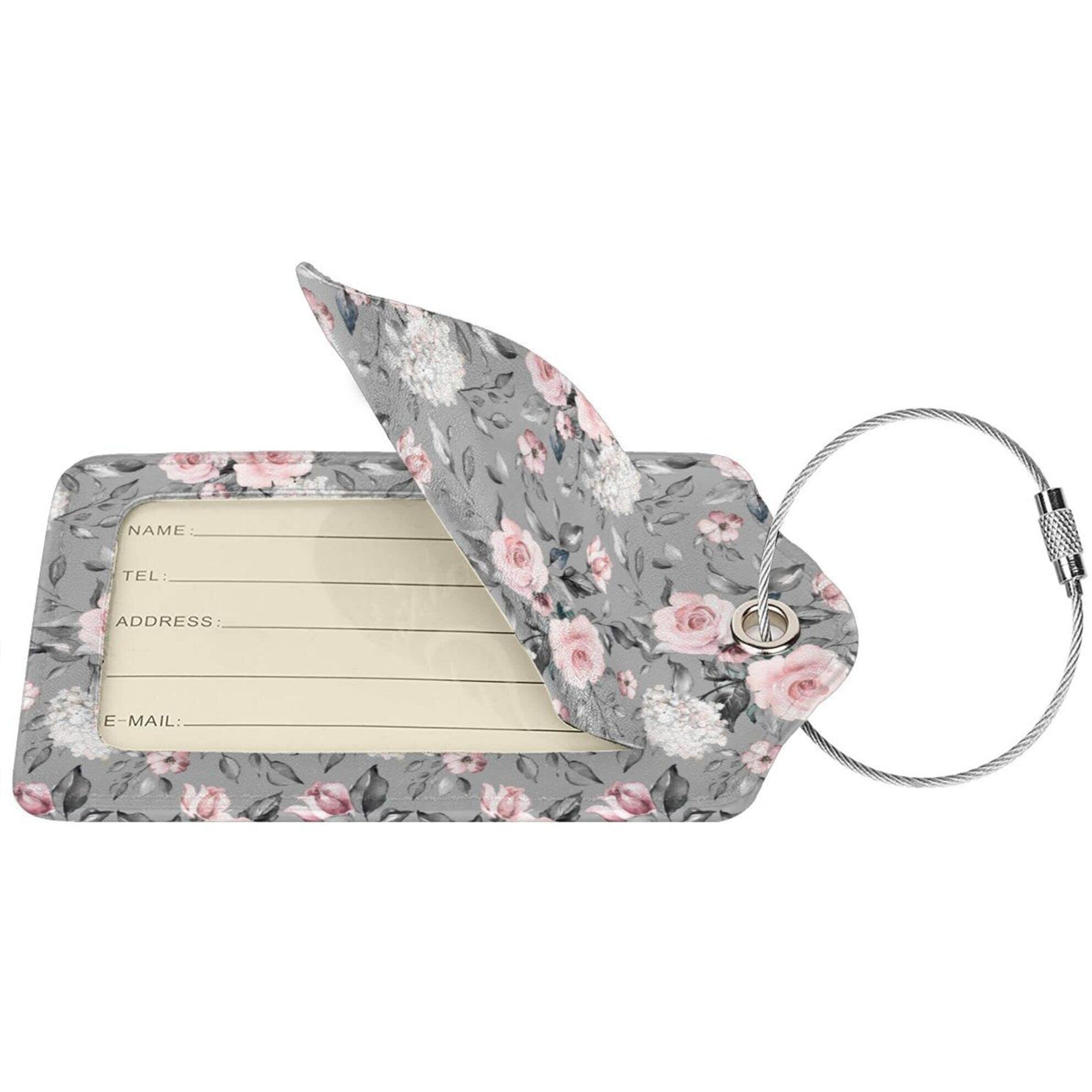 Blocit 2 Pack Pu Luggage Tag For Suitcase Cute Unique Leather Suitcase Tags Identifiers With Privacy Name Id Label And Metal Loop For Baggage Handbag School Bag Backpack (Gray Pink Roses Flower)