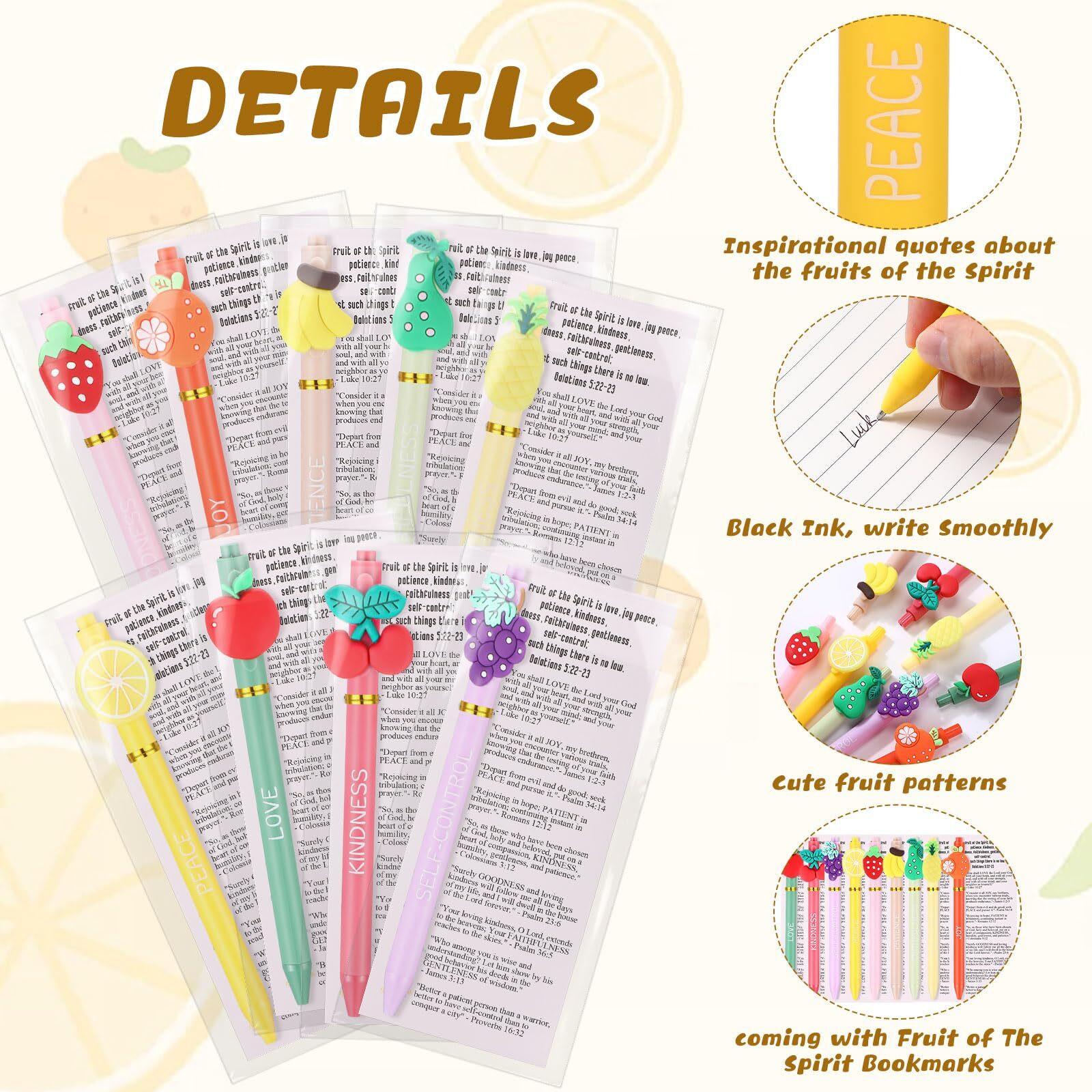 Gilprop 36 Set Fruit Religious Gifts Christian Pens With Spirit Bookmarks For Kids Spiritual Fruit Pens Bible Verse Ballpoint Pens For Sunday School Students Back To School Supplies Church Award