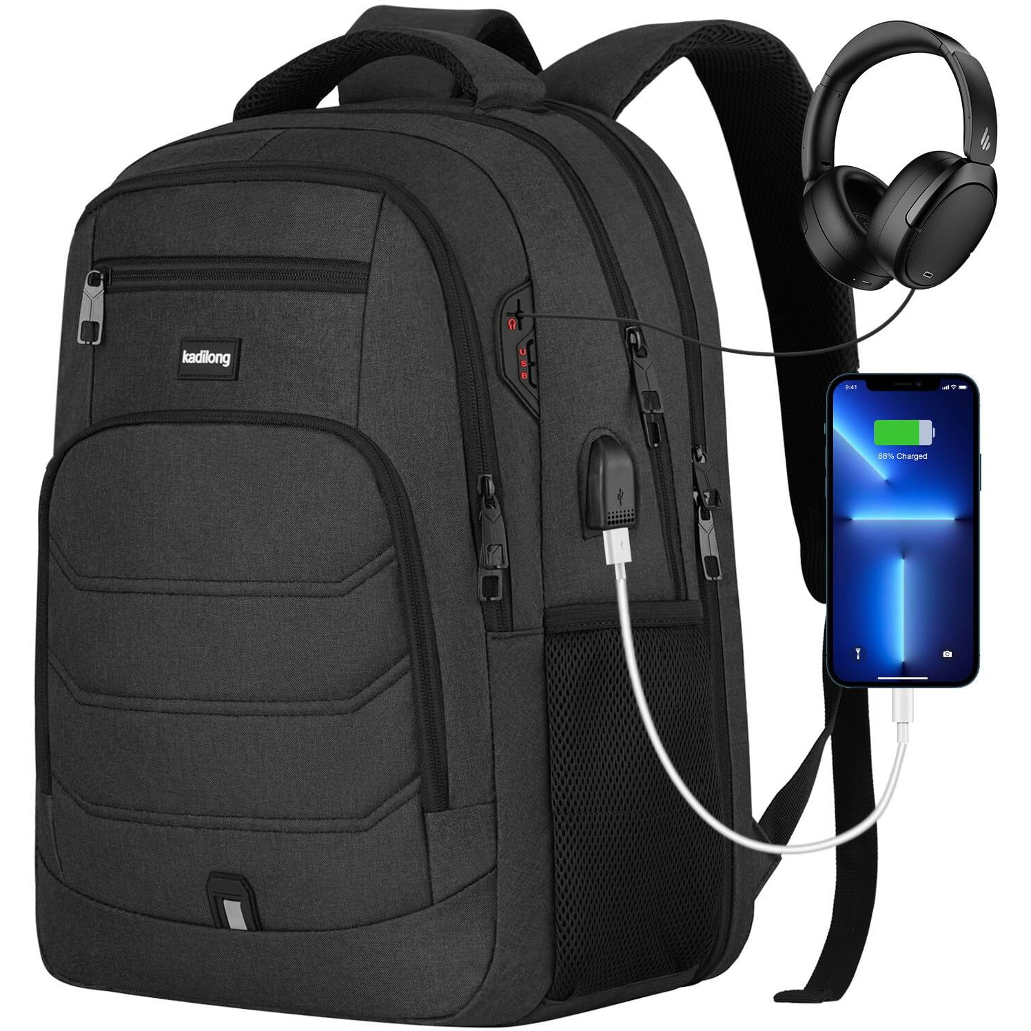 Kadilong Laptop Backpack Men School Backpacks For Teen Boys Business Travel Anti Theft Book Bag With Usb Charging Port,Water Resistant College Computer Bag Fits 15.6 Inch Notebook For Teenage,Black