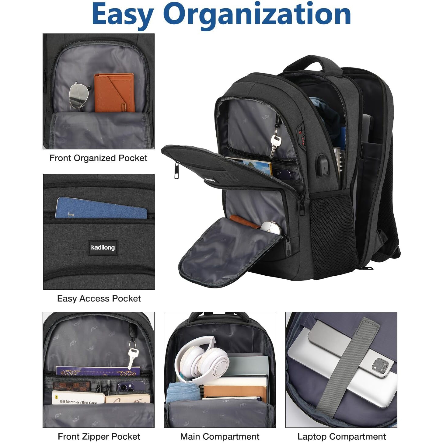 Kadilong Laptop Backpack Men School Backpacks For Teen Boys Business Travel Anti Theft Book Bag With Usb Charging Port,Water Resistant College Computer Bag Fits 15.6 Inch Notebook For Teenage,Black