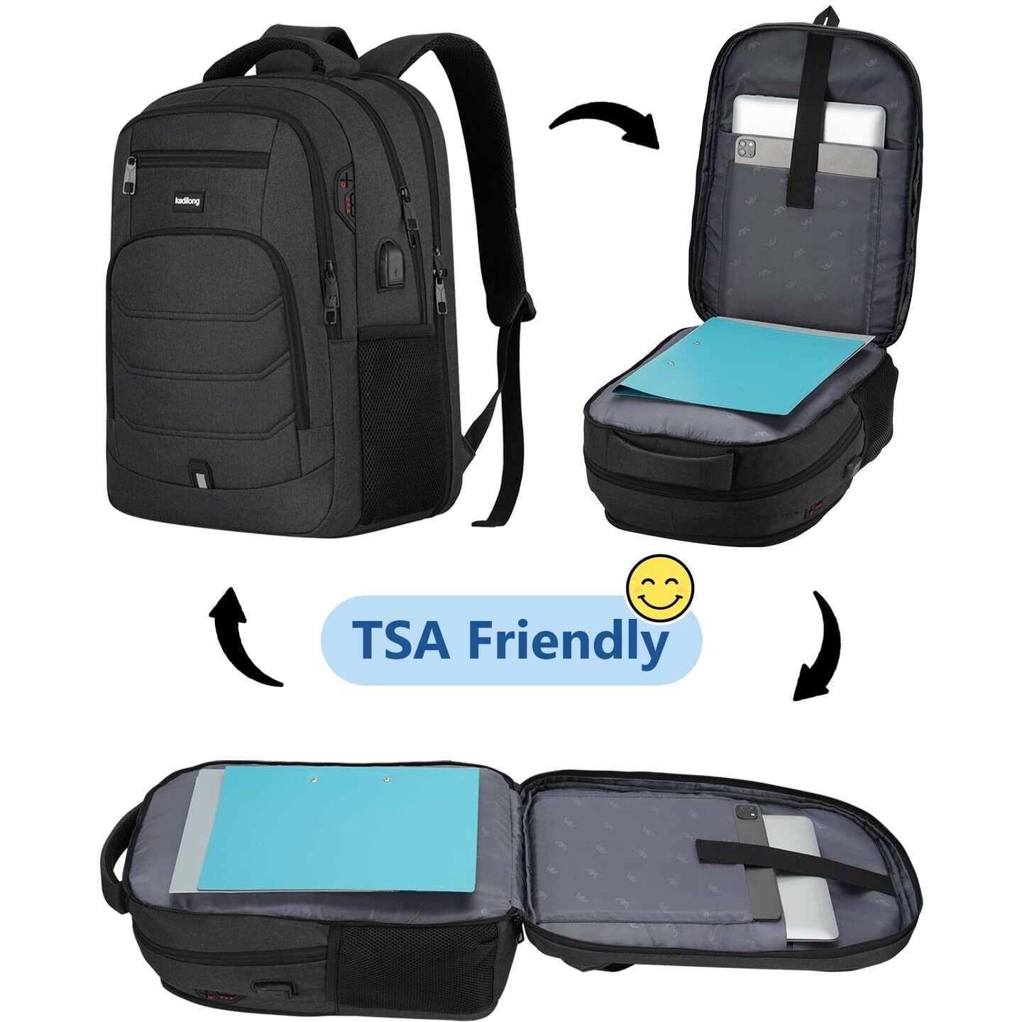 Kadilong Laptop Backpack Men School Backpacks For Teen Boys Business Travel Anti Theft Book Bag With Usb Charging Port,Water Resistant College Computer Bag Fits 15.6 Inch Notebook For Teenage,Black