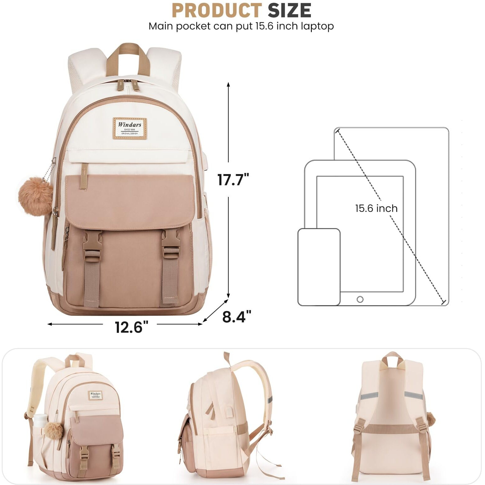 Windars School Backpack For Teen Girls, Cute College Backpacks For Women Students Aesthetic Bookbag Large 15.6 Inch Laptop Bag Middle School Travel Back Pack (Khaki Beige)