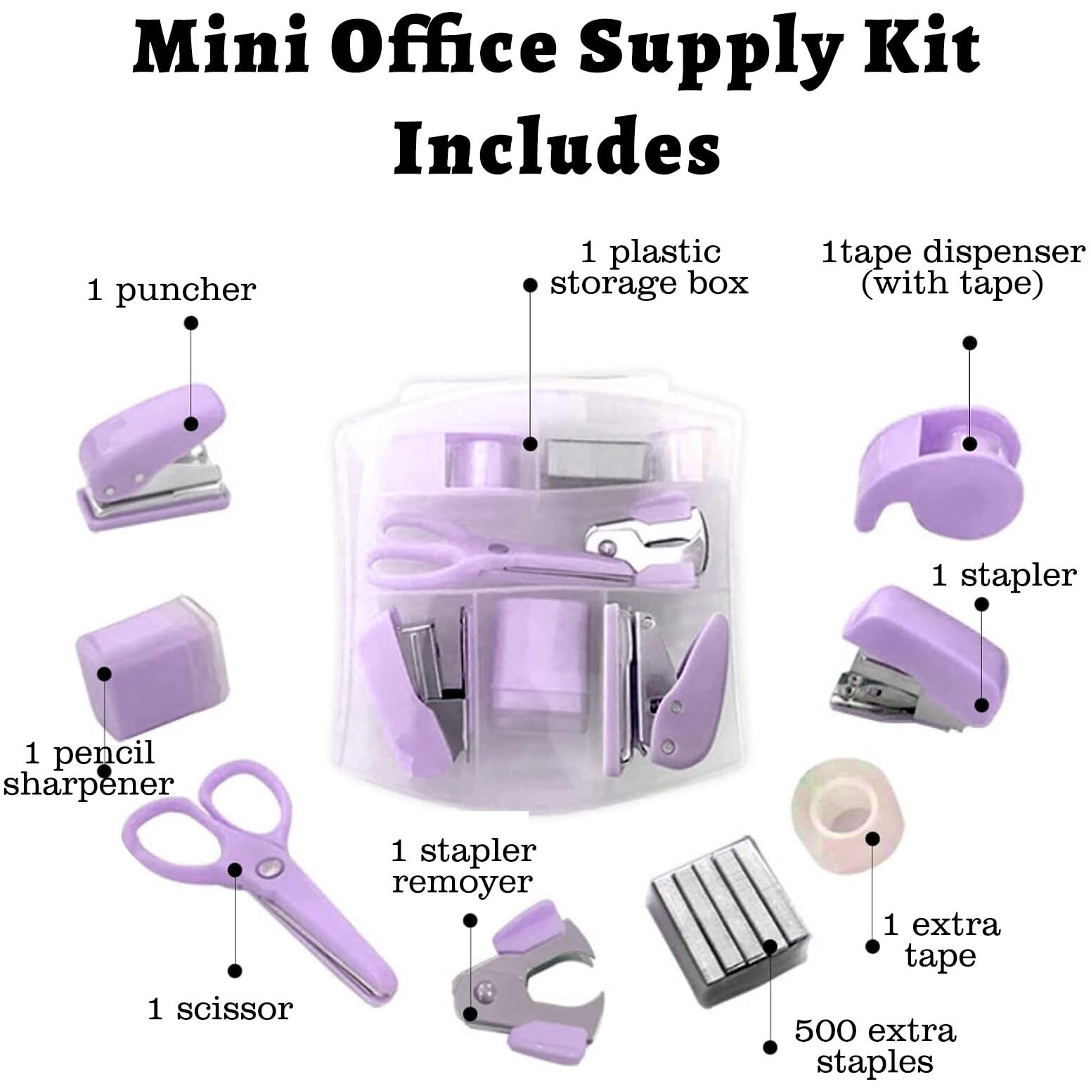 8 Pack Mini Office Supply Kits Mini School Supplies - Includes Mini Stapler, Scissors, Staple Remover, Puncher, Pencil Sharpener, Tape Dispenser (Purple)