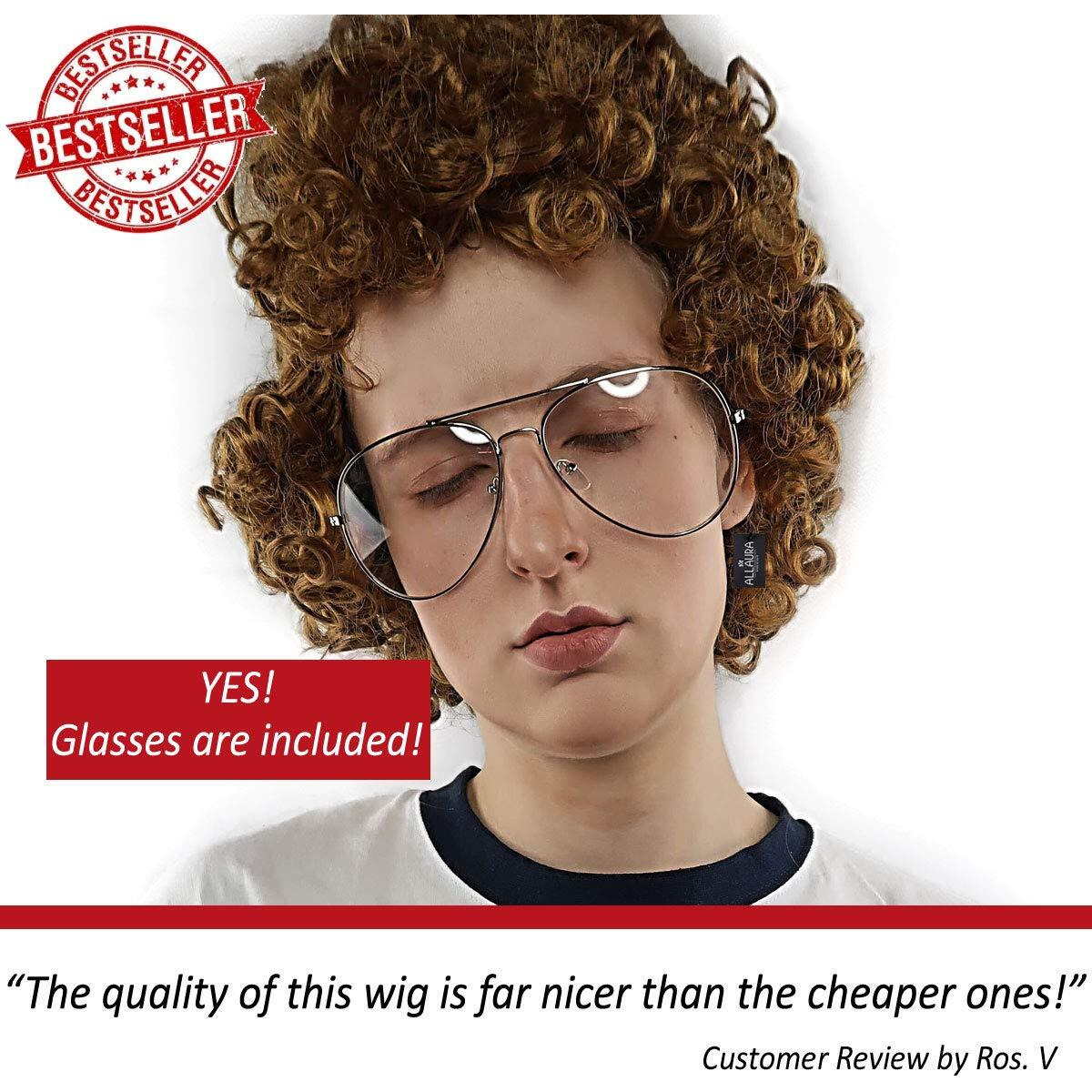 Allaura Napoleon Pedro Brown Afro Nerd Wig + Glasses Costume Set Geek Costume Wigs For Mens Adult Halloween Party 80S | Dynamite Wig Nerd Wig - Vote Pedro Wig Hilarious Halloween Costumes