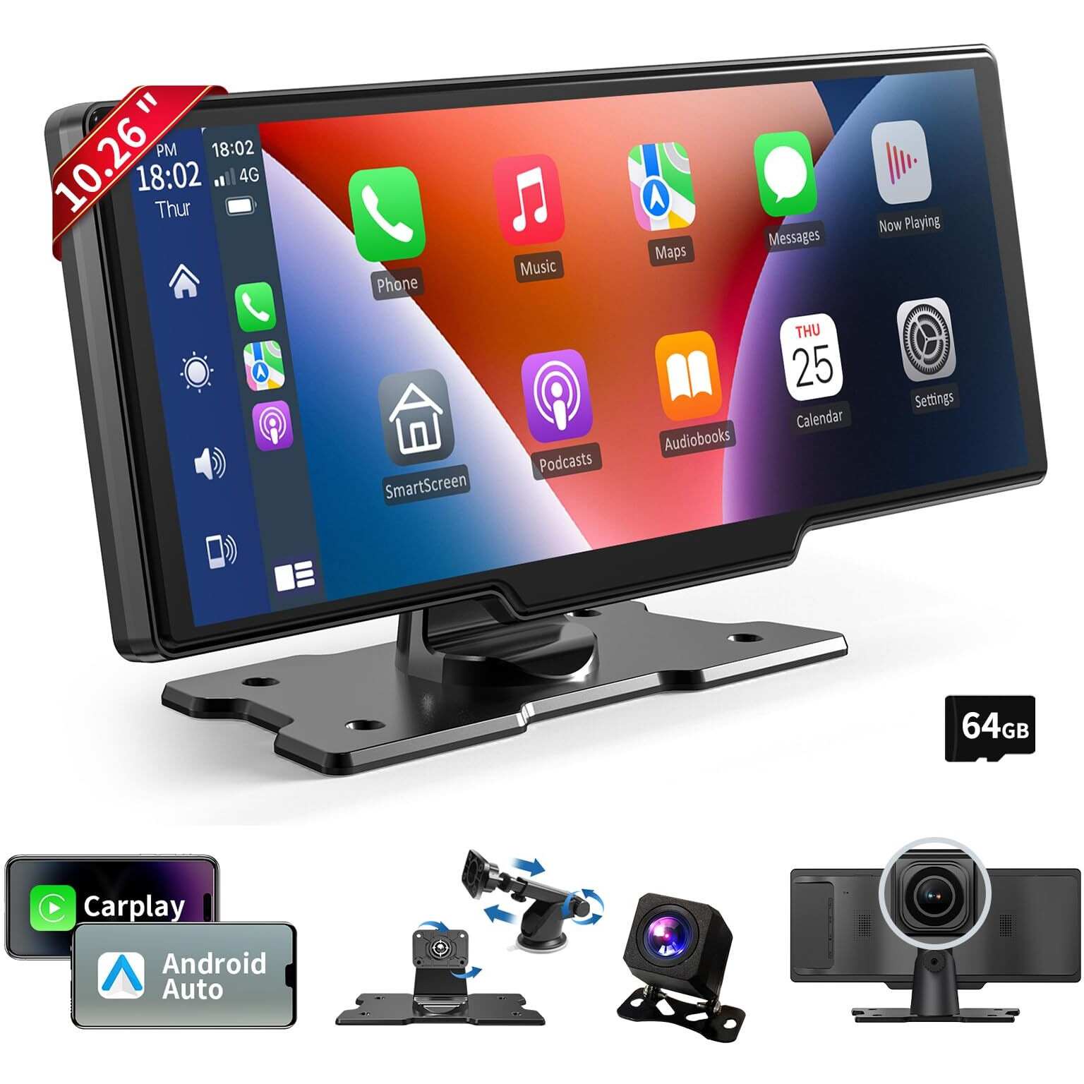 Wireless Portable Carplay Screen For Car, 10.26"" Hd Ips Carplay And Android Auto Screen, Car Touch Screen With 4K Dash Cam, Car Audio Receivers With Backup Camera, Gps Navigation, Voice Control