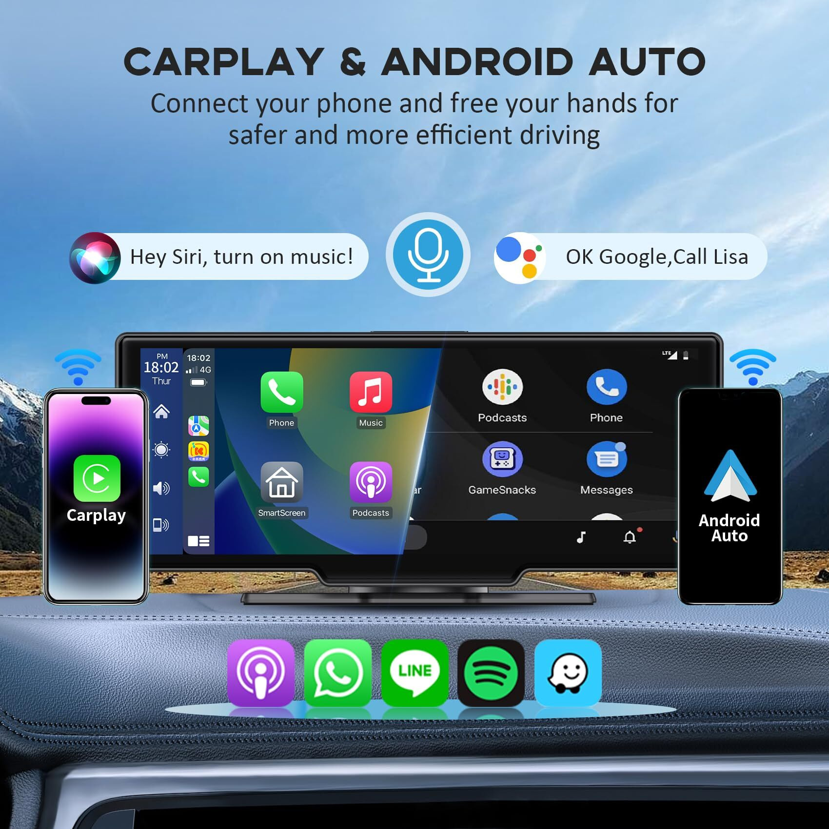 Wireless Portable Carplay Screen For Car, 10.26"" Hd Ips Carplay And Android Auto Screen, Car Touch Screen With 4K Dash Cam, Car Audio Receivers With Backup Camera, Gps Navigation, Voice Control