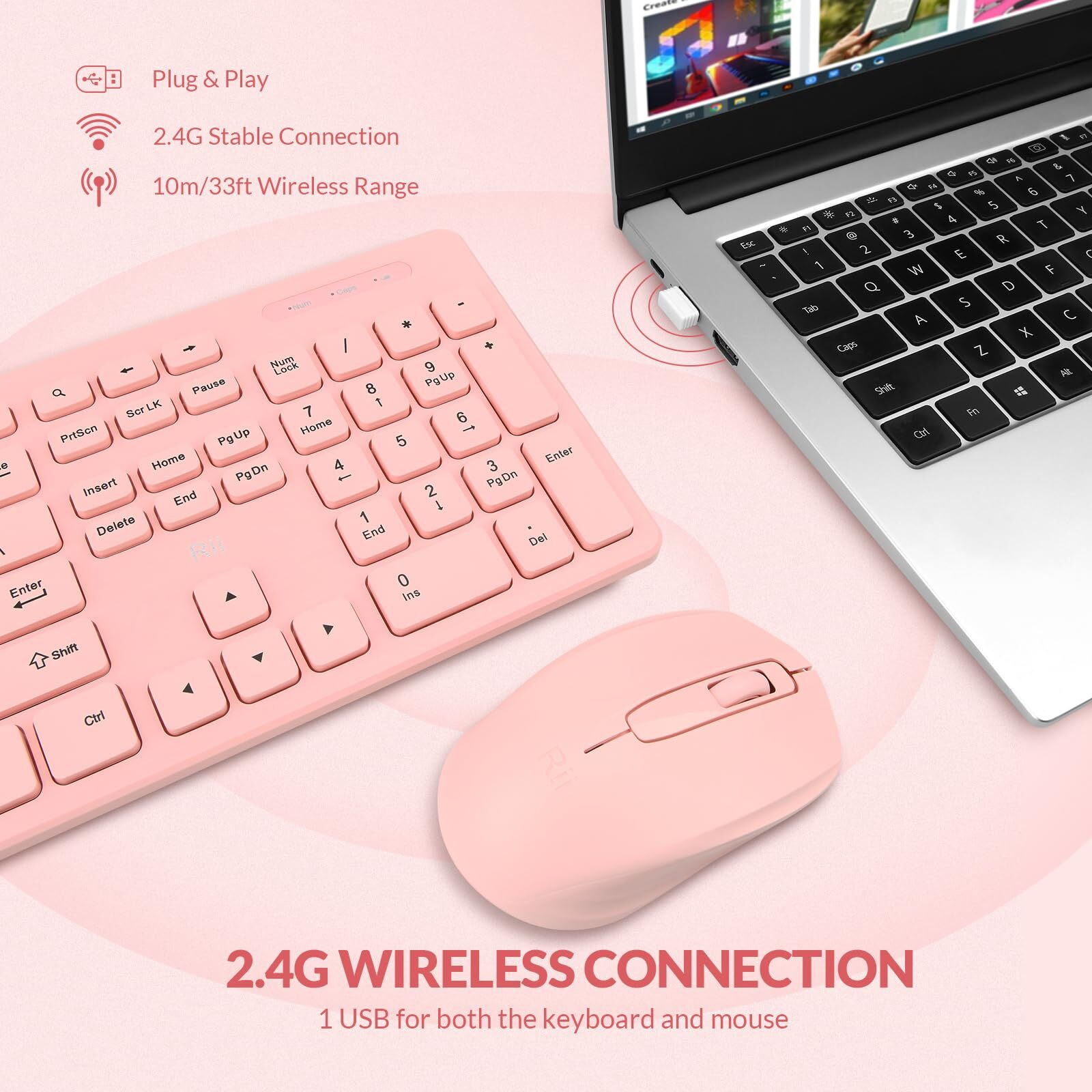 Wireless Keyboard And Mouse Combo - Rii Standard Office Pc Keyboard And Optical Wireless Mice (Pink)