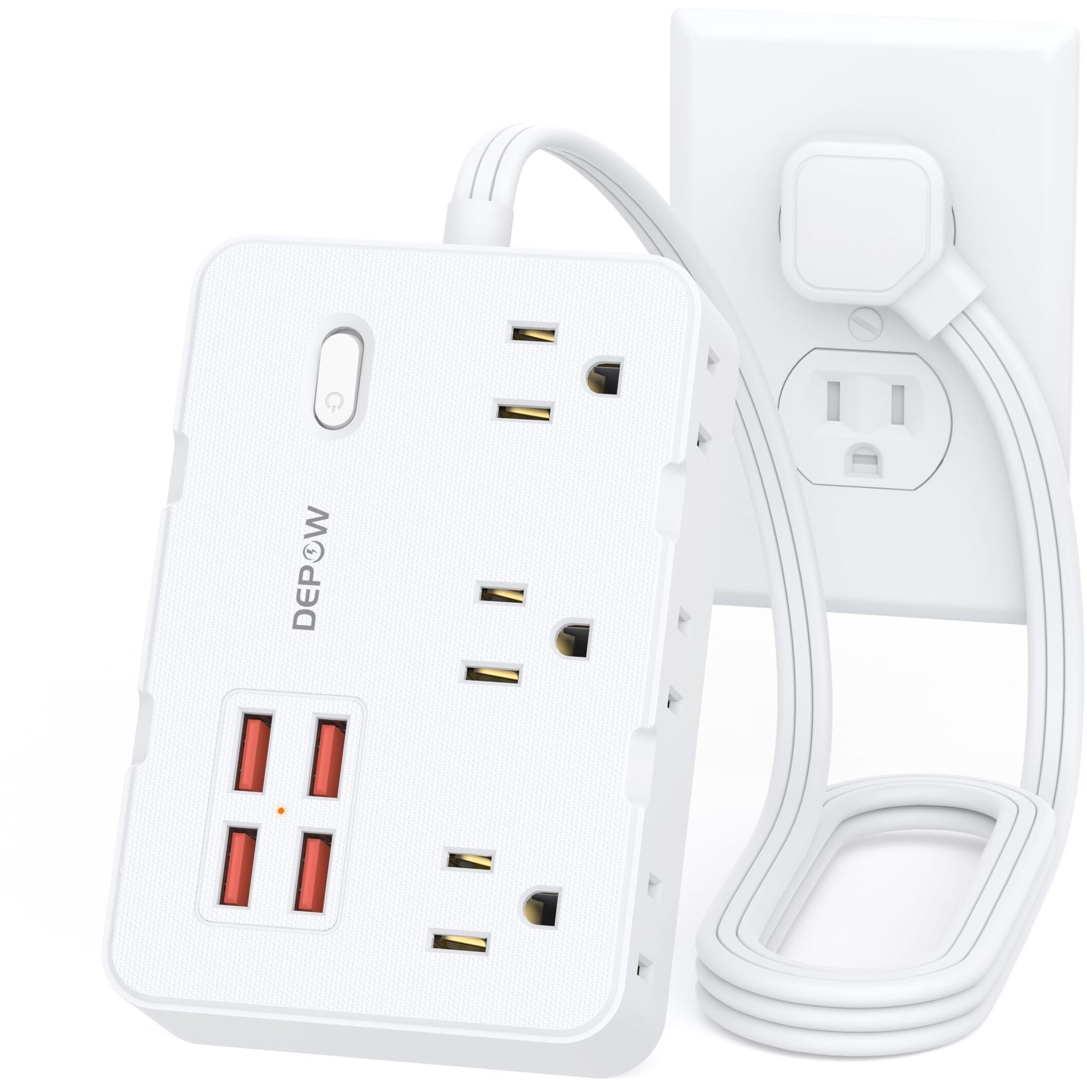 Depow Surge Protector Power Strip With Flat Plug, 3 Ft Extension Cord With 6 Ac Outlets 4 Usb Ports,1050J Surge Protection, Wall Mountable Charging Station For Office, Home, White