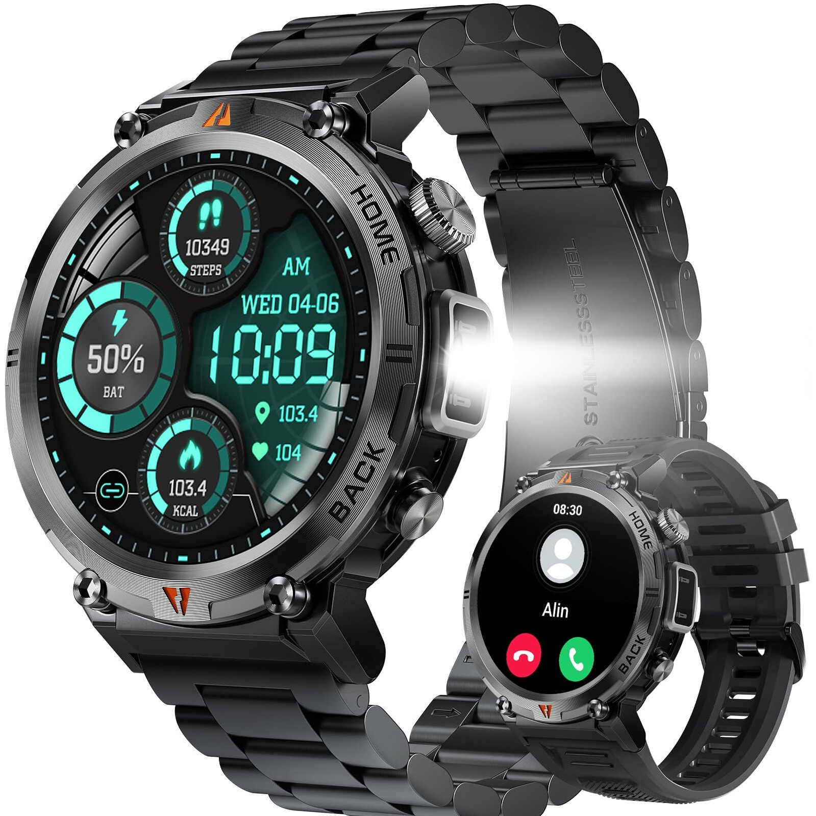 Military Smart Watch For Men With Led Flashlight, 1.45"" Hd Rugged Tactical Smartwatch (Call Receive/Dial), Outdoor Sports Fitness Tracker Watch With Heart Rate Sleep Monitor For Iphone Android Phone