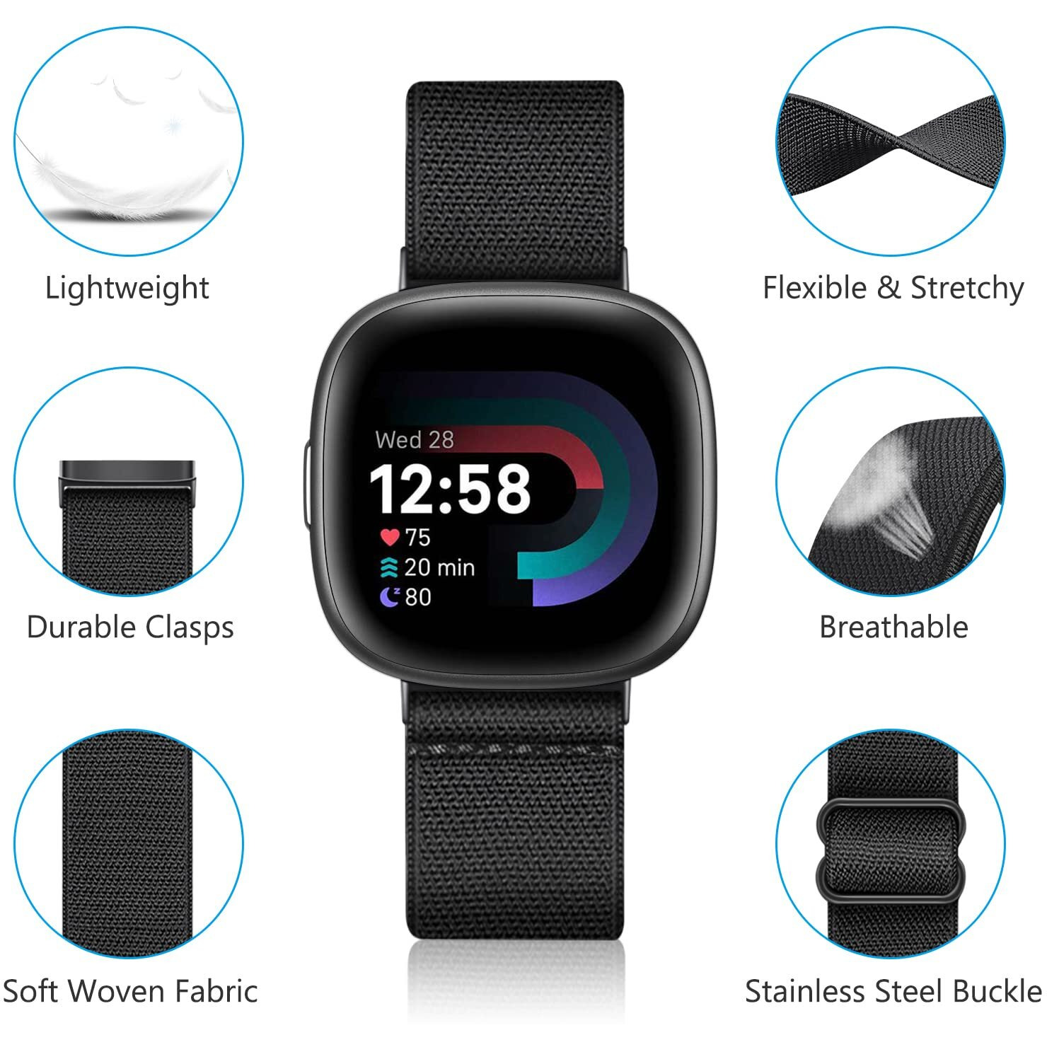 Fintie Elastic Band Compatible With Fitbit Versa 4 / Fitbit Sense 2 Bands/Fitbit Versa 3 / Fitbit Sense Bands, Soft Nylon Stretch Strap Replacement Accessories Wristband, Black