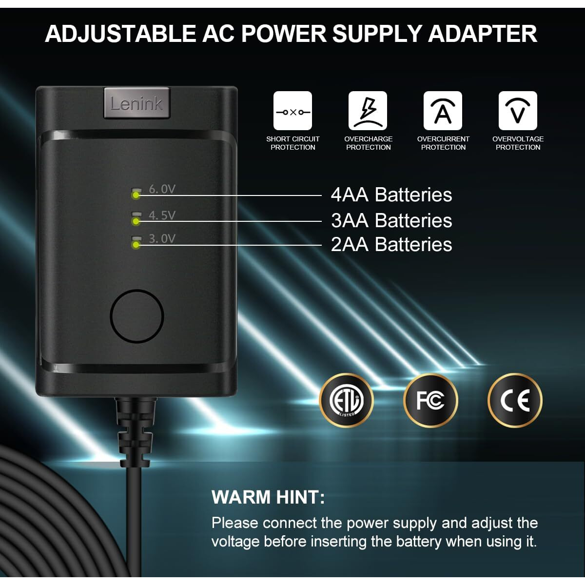 Lenink Adjustable Ac Power Supply Adapter For 2 Aa 3 Aa 4 Aa Batteries, 3V, 4.5V, 6V, Aa Battery Replacement Adapter For Led Lights, Decorations (Black)