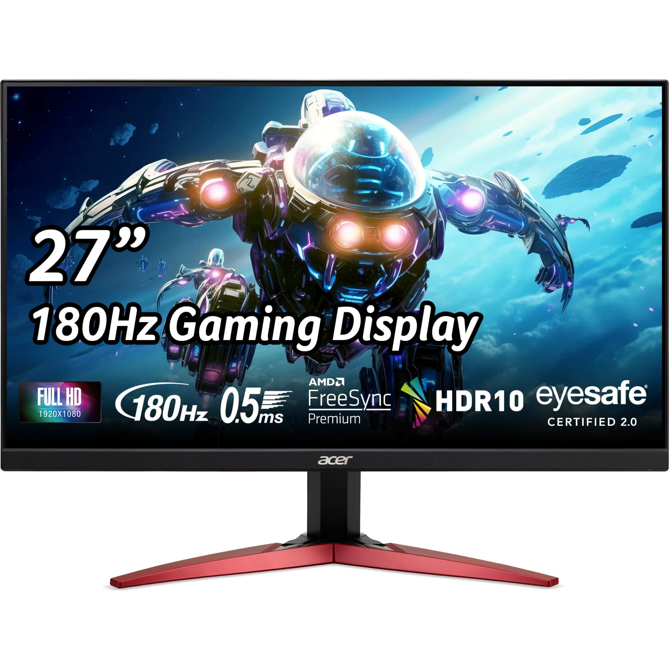 Acer Nitro 27"" Full Hd 1920 X 1080 Pc Gaming Ips Monitor | Amd Freesync Premium | 180Hz Refresh | Up To 0.5Ms | Hdr10 Support | 99% Srgb | 1 X Display Port 1.2 & 2 X Hdmi 2.0 | Kg271 M3Biip,Black
