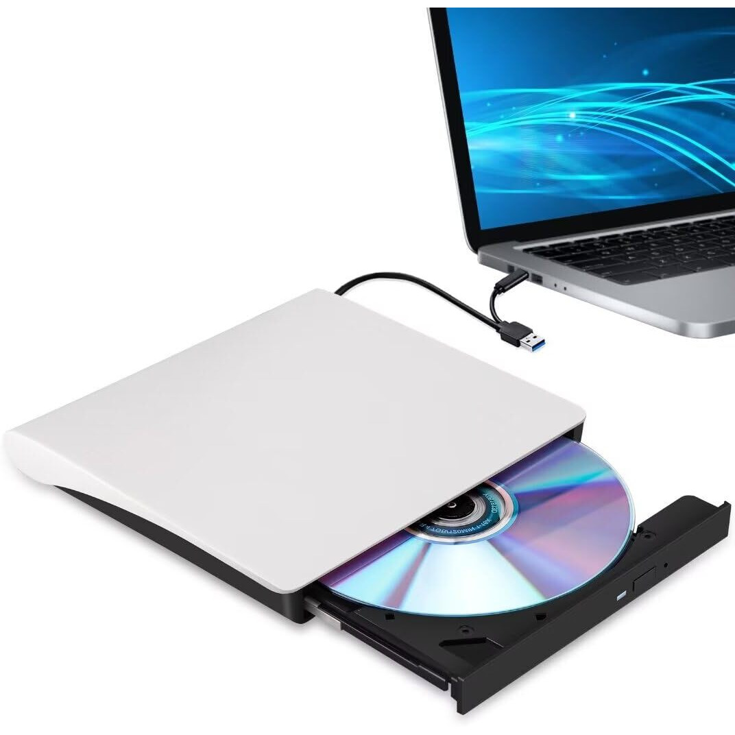 Hcsunfly External Cd/Dvd Drive For Laptop, Type-C Cd/Dvd Player Usb 3.0 Portable Burner Writer Reader Compatible With Mac Macbook Pro/Air Imac Desktop Windows 7/8/10/Xp/Vista(White)