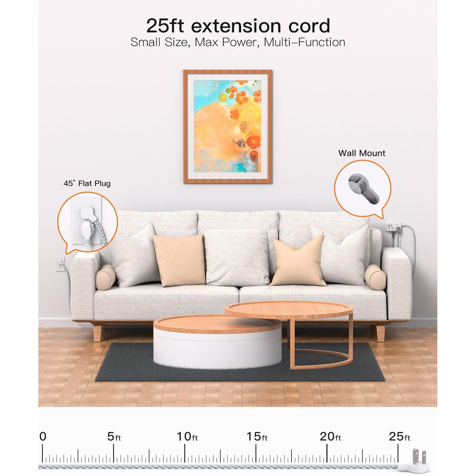 Extension Cord 25 Ft, Flat Plug Power Strip With 6 Outlets With 4 Usb Ports(2 Usb C), Wall Mount Charging Station, No Surge Protector For Home Office College Dorm Room Travel Essentials