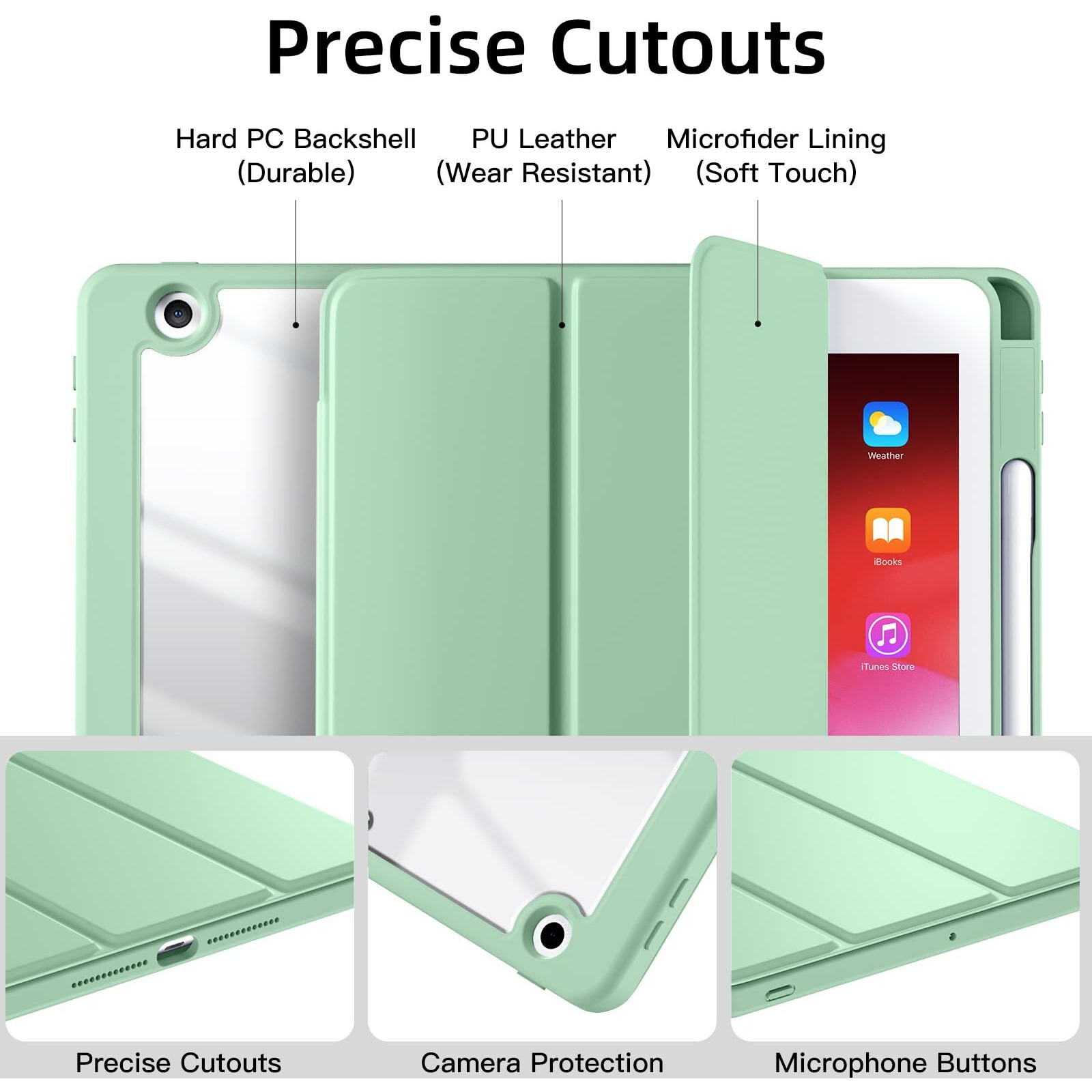Wenlaty Case Compatible With Ipad 9Th /8Th /7Th Generation (2021/2020/2019), Full Body Protective With Pencil Holder, Clear Case Designed For Ipad 10.2 Inch, Auto Sleep/Wake Cover, Mint Green