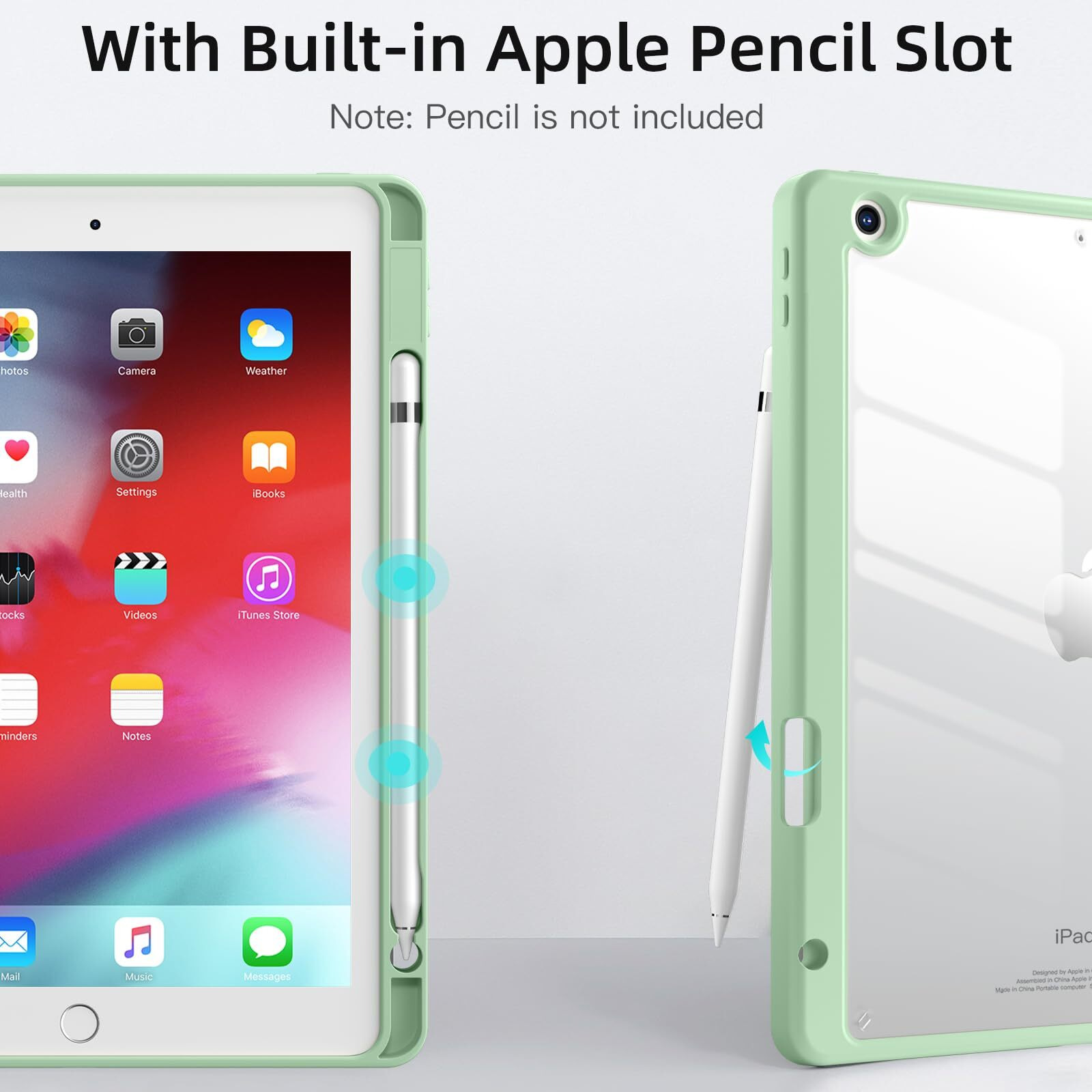 Wenlaty Case Compatible With Ipad 9Th /8Th /7Th Generation (2021/2020/2019), Full Body Protective With Pencil Holder, Clear Case Designed For Ipad 10.2 Inch, Auto Sleep/Wake Cover, Mint Green