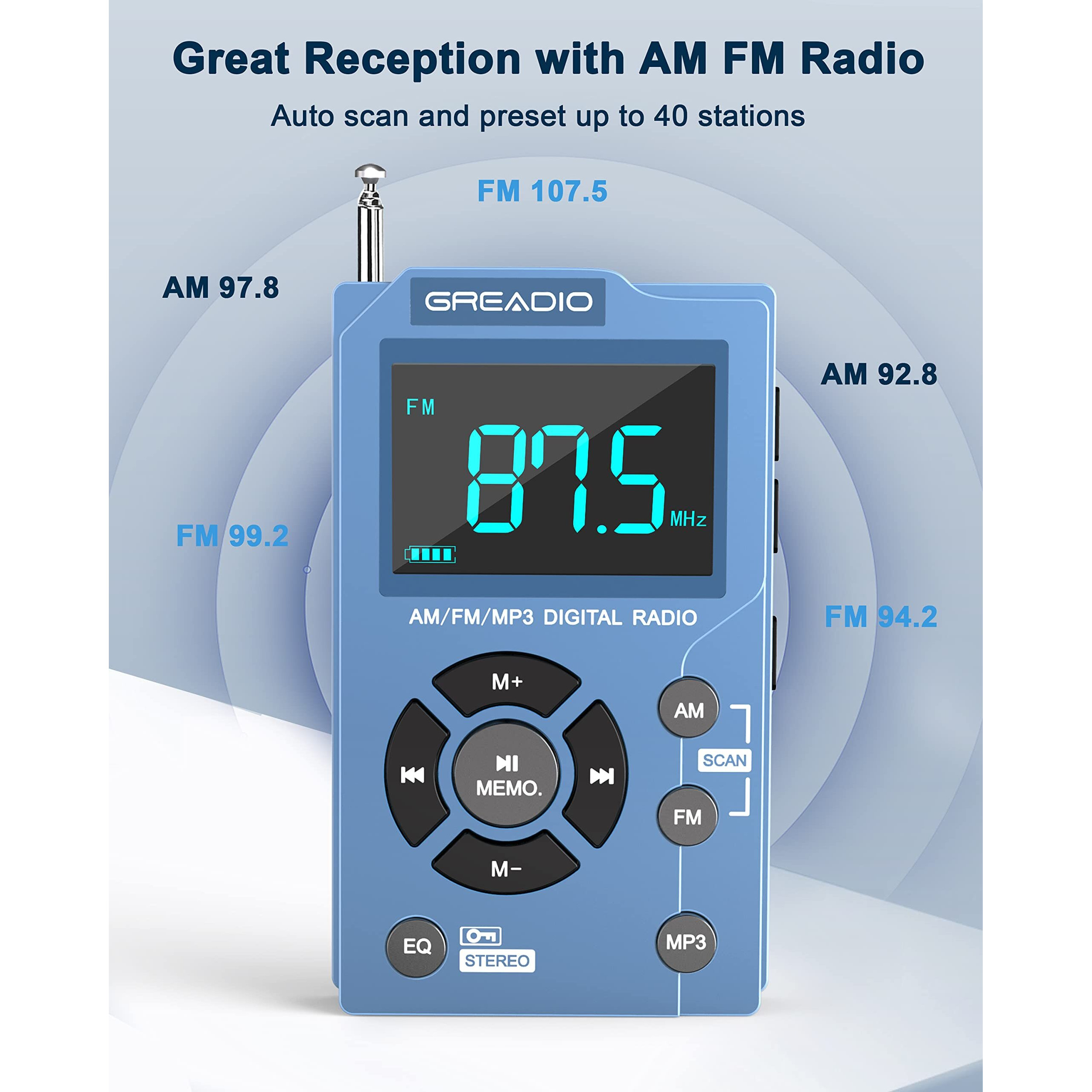 Greadio Radios Portable Am Fm With Mp3 Player,Best Reception Pocket Radio, Large Lcd Screen And Easy To Use, 6 Eq Stereo,Earphone Jack Walkman Radio,For Jogging,Walking,Camping Am Fm Radio