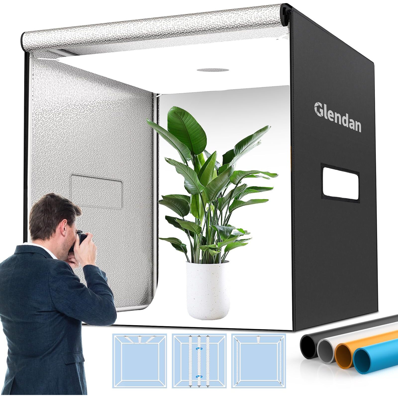 Glendan 40"&quotX40"" Light Box Photography, Large Photo Light Box With 3 Light Panels, 594 Led Beads, Cri &gt95, Professional Photo Booth Shooting Tent Kit With 4 Color Backdrops For Product Photography