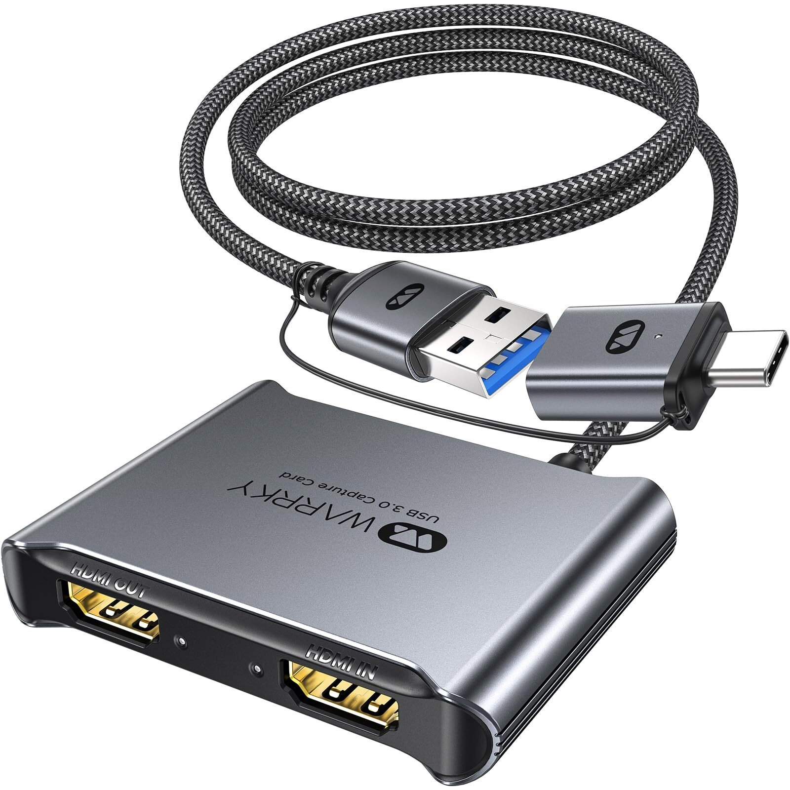 Warrky 4K Hdmi Capture Card [With Fixed Usb 3.0 Cable, 4K Loop Out, No-Latency] 1080P 60Fps Cam Link Video/Audio Capture Device For Streaming, Game Recording, Compatible For Nintendo/Ps5/Xbox/Pc-Gray