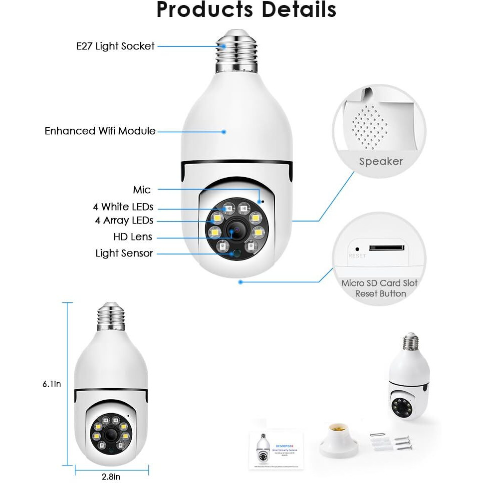 Eversecu 4Pack Hd 1080P Wireless Light-Bulb Security Camera, Work With 2.4Ghz&5Ghz Wifi, Motion Auto Tracking, 2 Way Audio, Spotlight Night Vision, E27 Screw-In Cctv Camera (4Pcs)