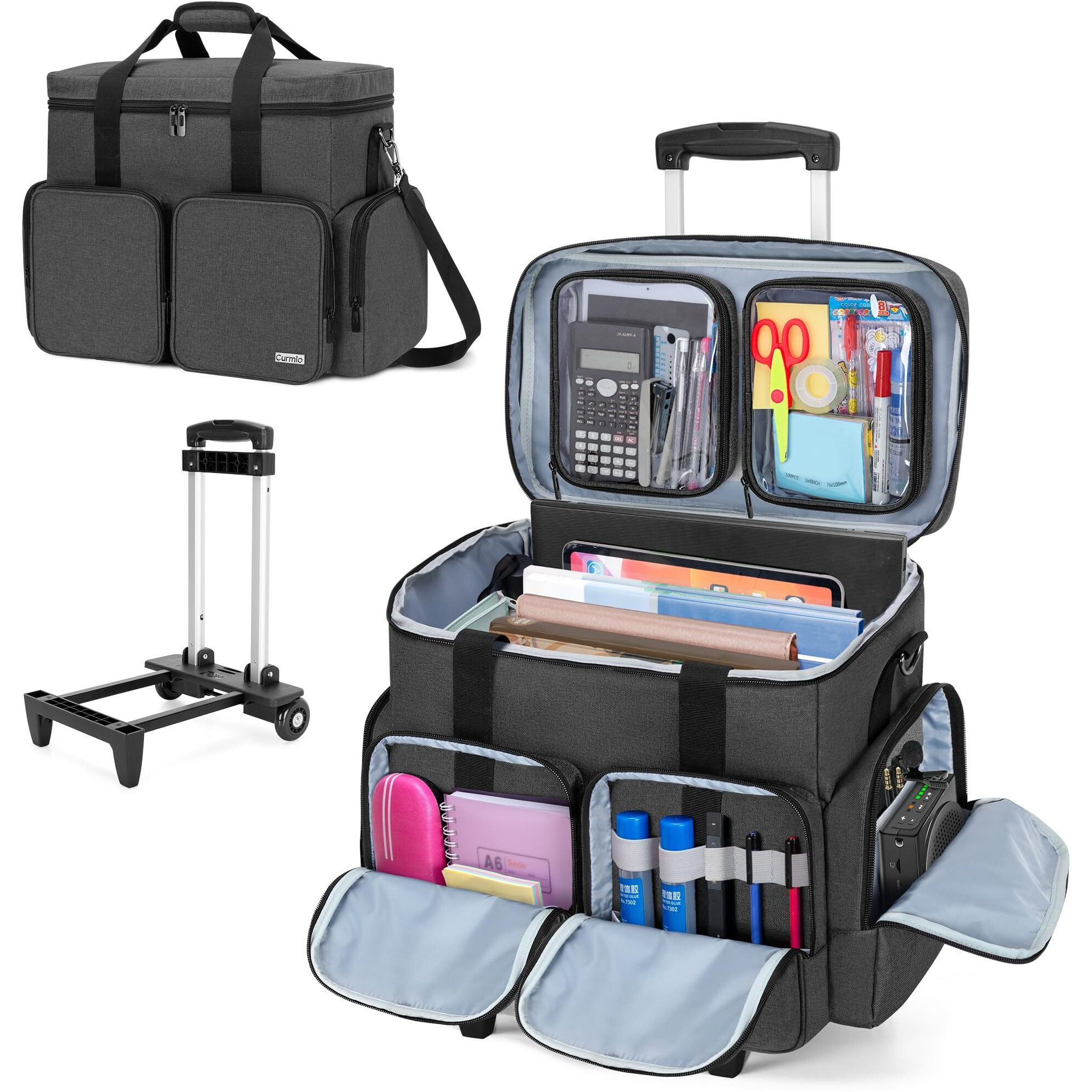 Curmio Rolling Teacher Tote Bag With Padded Laptop Compartment For Up To 15.6 Inches Laptop, Wheeled Teacher Bag For Teaching, Office, Craft, Black