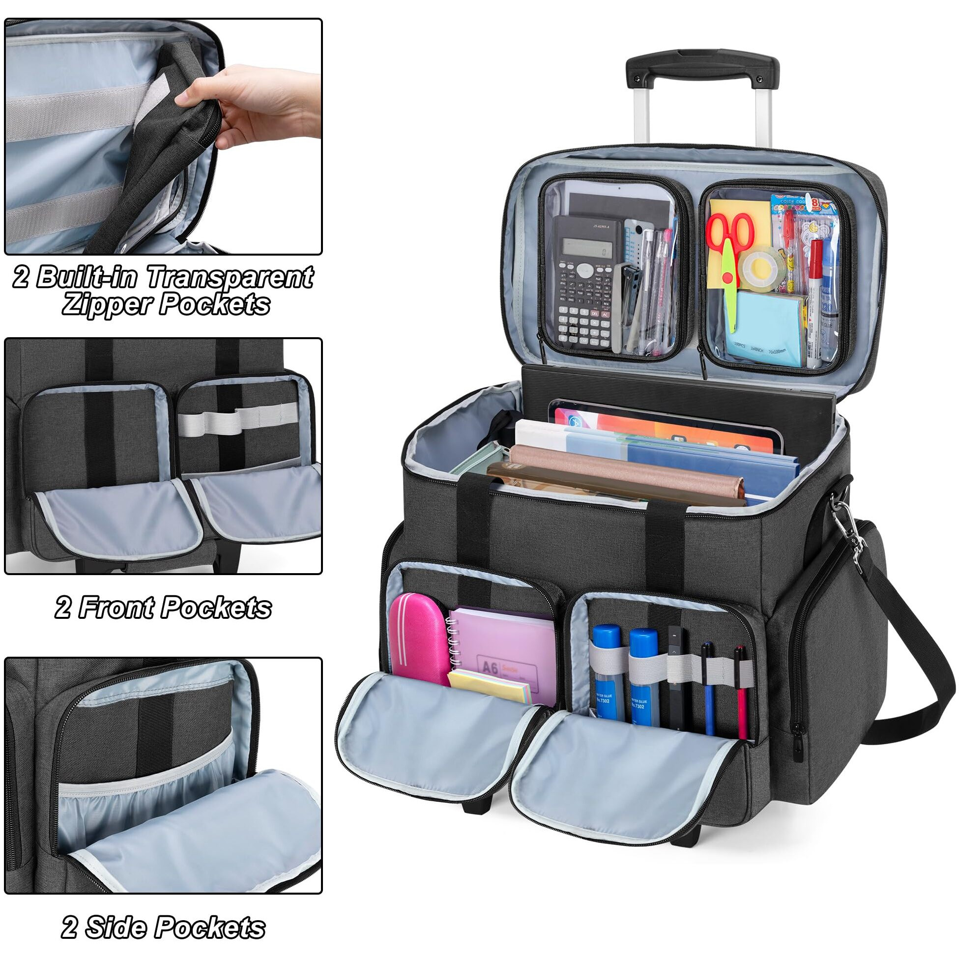 Curmio Rolling Teacher Tote Bag With Padded Laptop Compartment For Up To 15.6 Inches Laptop, Wheeled Teacher Bag For Teaching, Office, Craft, Black