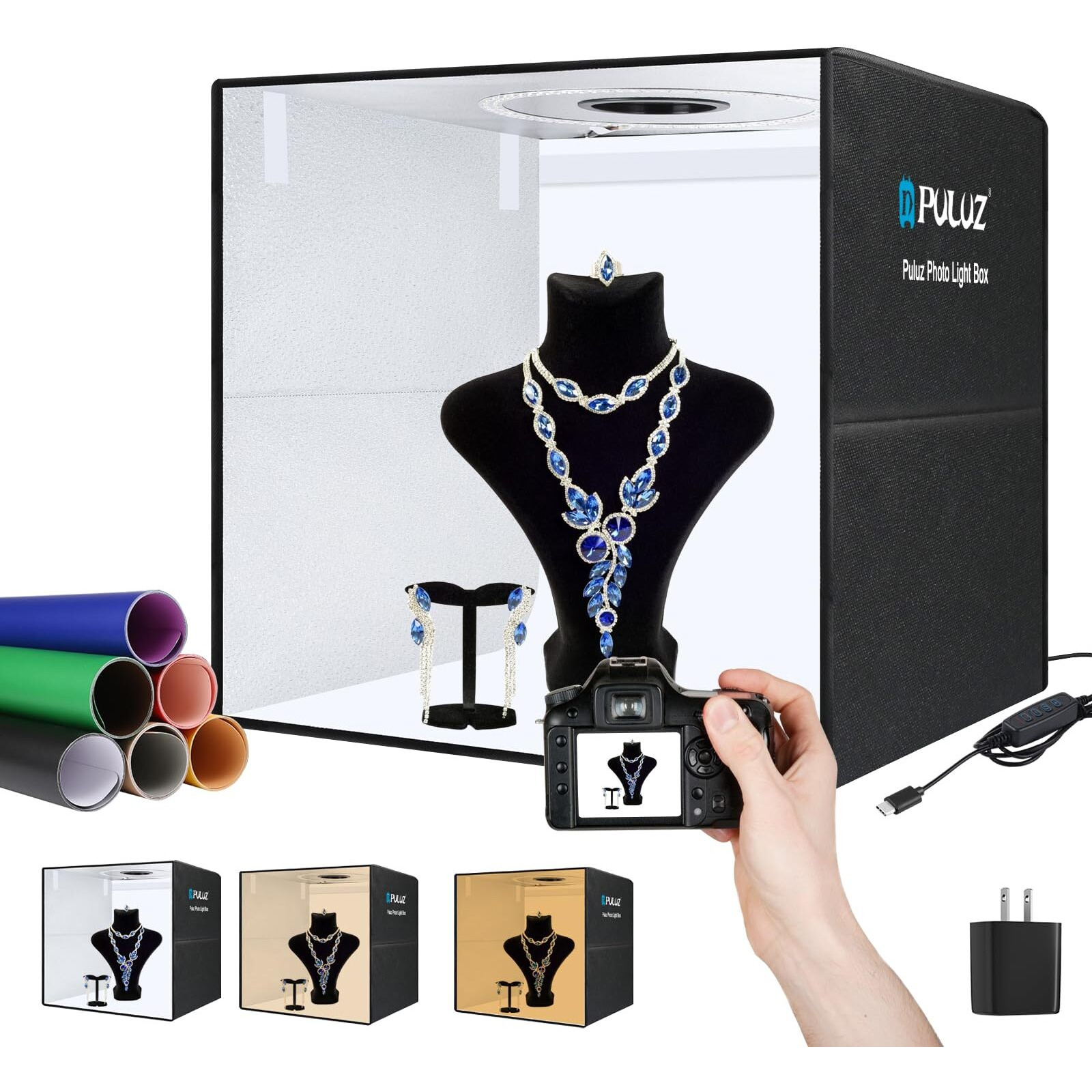 Puluz Light Box Photography, 20X20 Inch Large Photo Light Box With 160 Led Beads, Cri &gt95, Professional Portable Photo Booth Shooting Tent Kit With 12 Color Backdrops For Product Photography