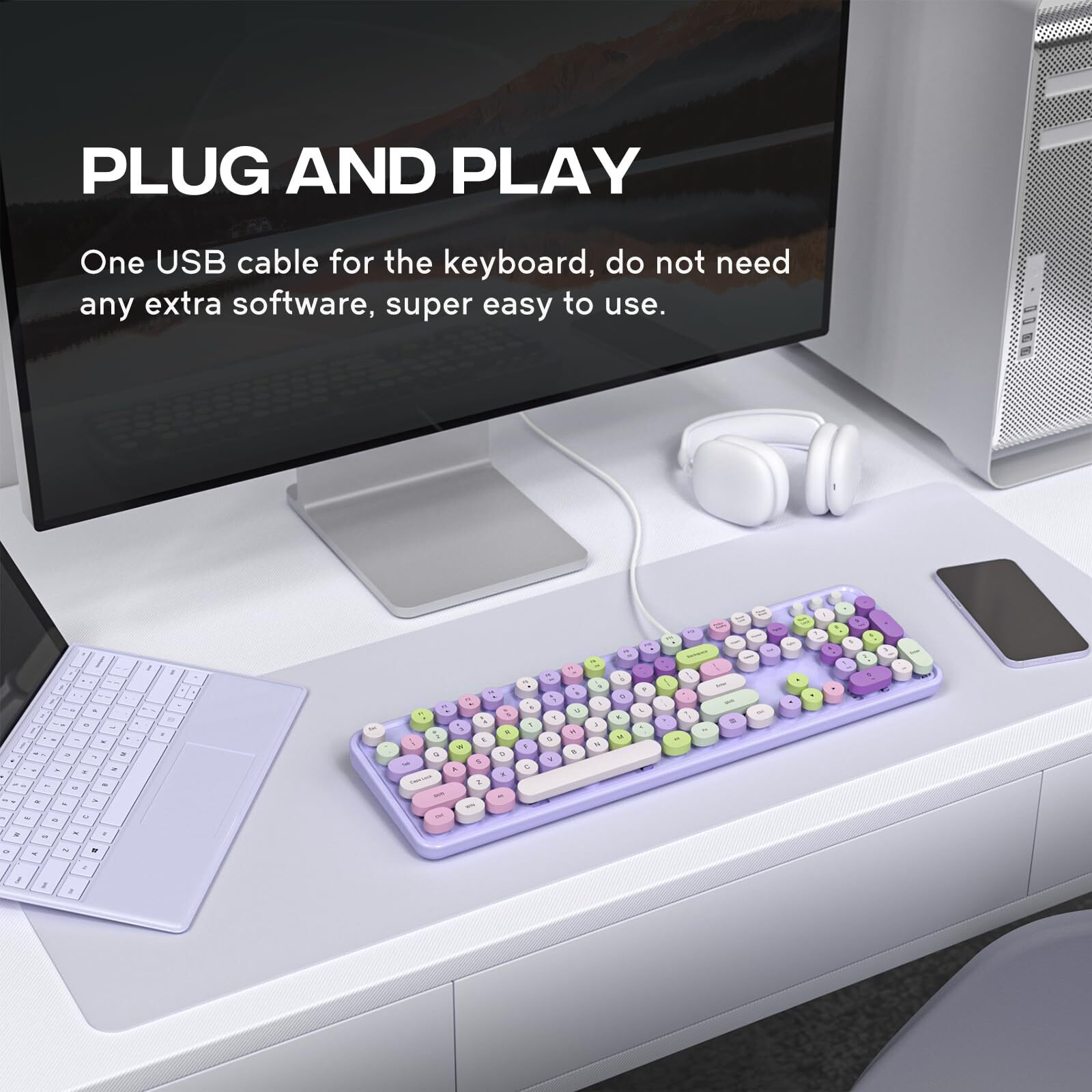 Mowux Computer Keyboard Wired, Plug And Play Usb Retro Round Typewriter Keyboard, Full Size Wired Keyboard With Foldable Stands For Laptop And Office Pc- Purple Colorful
