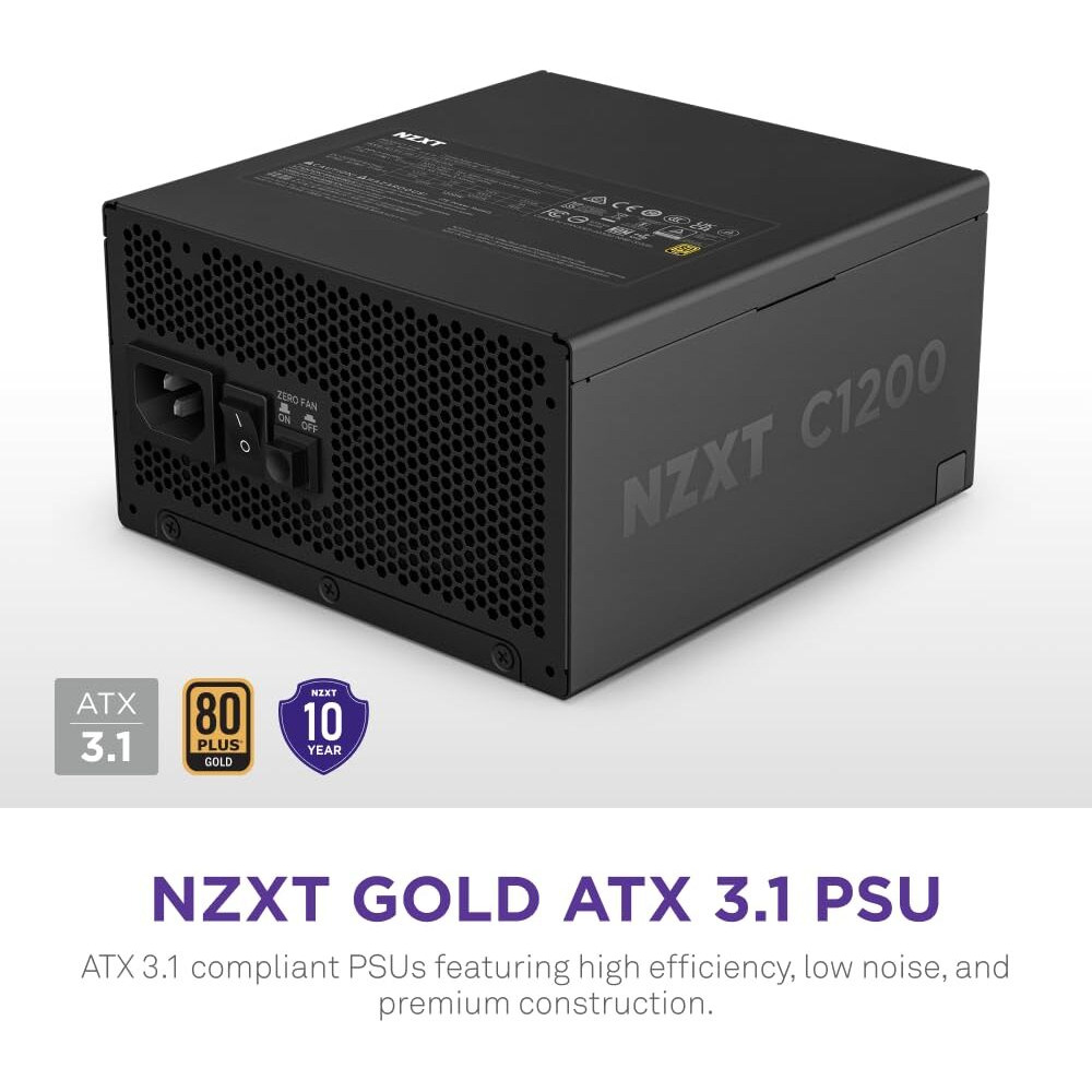 Nzxt C1200 Gold Atx 3.1 - Fully Modular Low-Noise Pc Gaming Power Supply - 1200 Watts - 80 Plus Gold - 12V-2X6 Connector - Zero Fan Mode - 100% Japanese Capacitors - Black