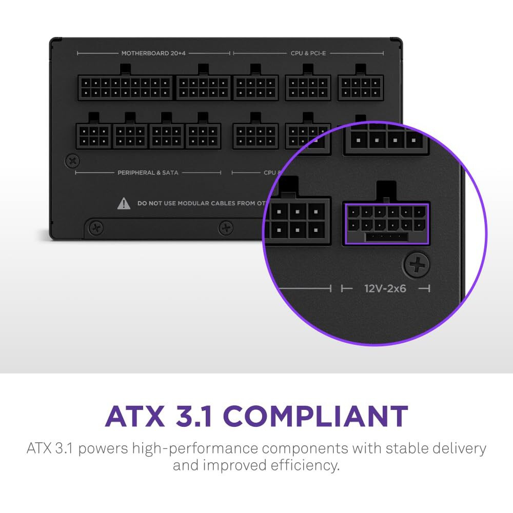 Nzxt C1200 Gold Atx 3.1 - Fully Modular Low-Noise Pc Gaming Power Supply - 1200 Watts - 80 Plus Gold - 12V-2X6 Connector - Zero Fan Mode - 100% Japanese Capacitors - Black