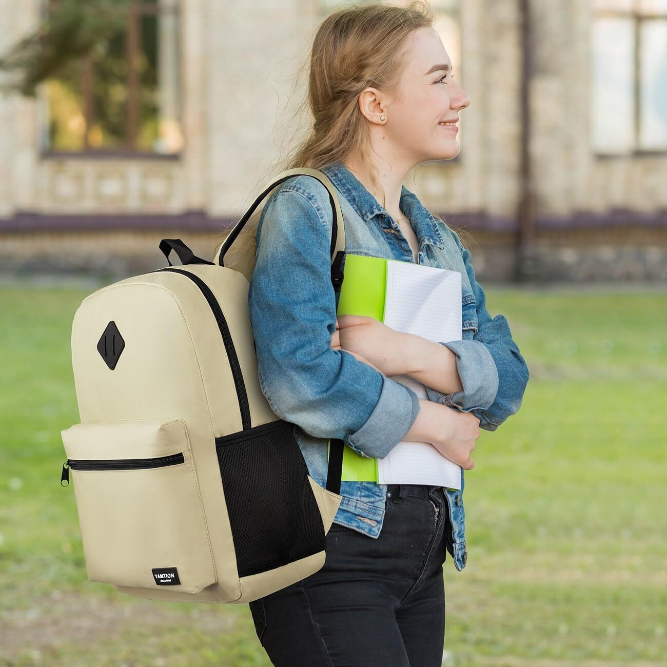 Yamtion School Backpack,Unisex Classic Bookbag Teens Schoolbag With Usb Port For High School College Office Work Travel, 17.3 Inch, Beige