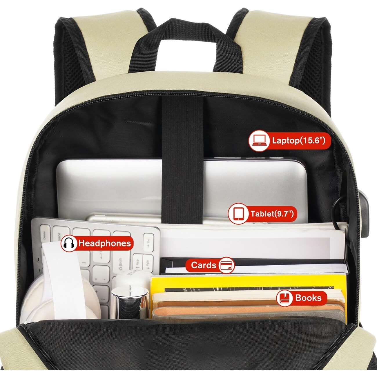 Yamtion School Backpack,Unisex Classic Bookbag Teens Schoolbag With Usb Port For High School College Office Work Travel, 17.3 Inch, Beige