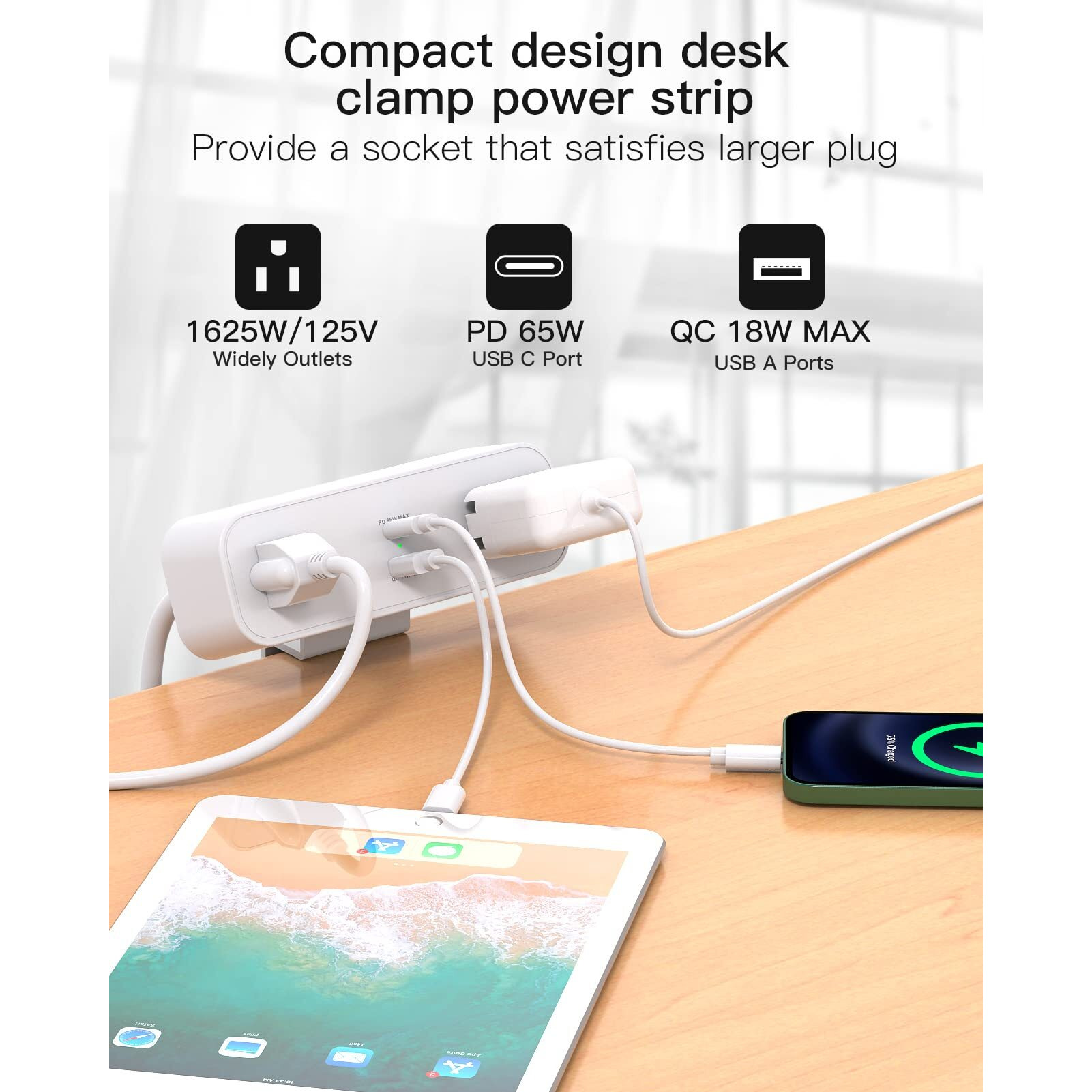 Desk Clamp Power Strip, 65W 10Ft Desk Power Strip - 2 Outlets Desktop Power Strip With Usb C 65W, Usb A(Qc 18W) Desktop Desk Clamp Desk Power Station For Office, Home