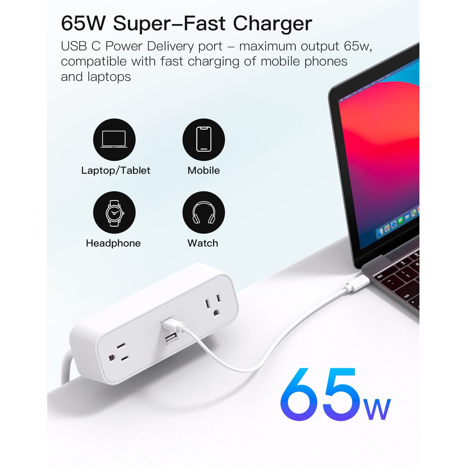 Desk Clamp Power Strip, 65W 10Ft Desk Power Strip - 2 Outlets Desktop Power Strip With Usb C 65W, Usb A(Qc 18W) Desktop Desk Clamp Desk Power Station For Office, Home